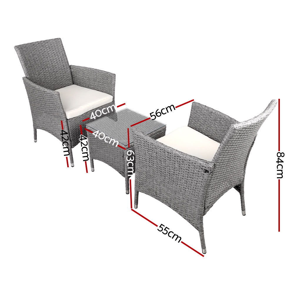 3-Piece Outdoor Bistro Set - Patio Furniture with Wicker Chairs, Table & Cushions (Grey) - Perfect for Garden, Balcony, and Backyard Relaxation