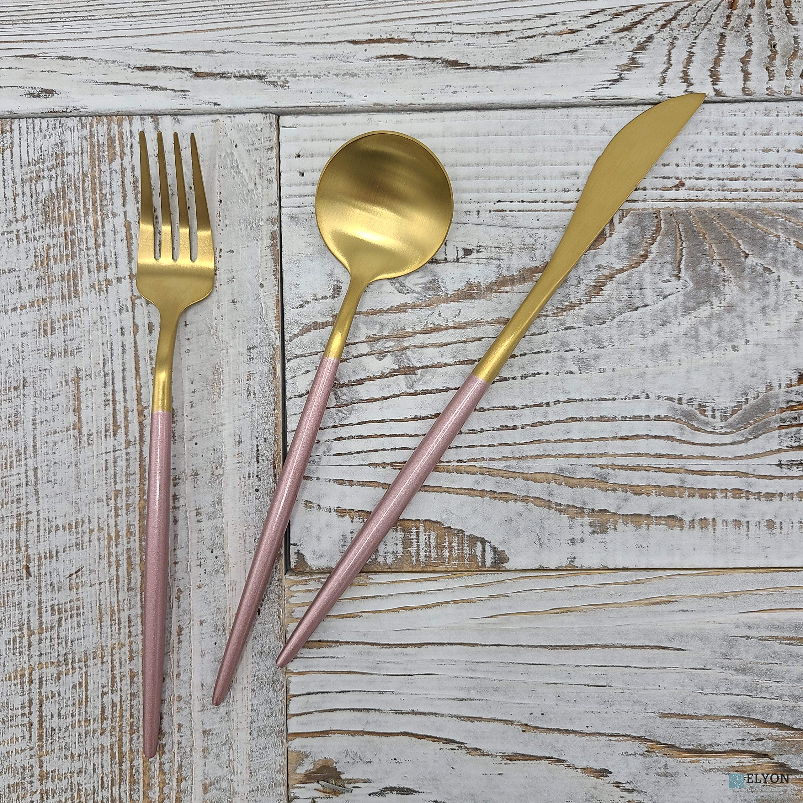Elyon Lea 20-Piece Matte Gold and Pink Flatware Set - 18/10 Stainless Steel Silverware with Pink Thin Handles & Gold Finish Cutlery - Service for 4 - Perfect for Dinner Parties, Weddings, and Elegant Home Dining