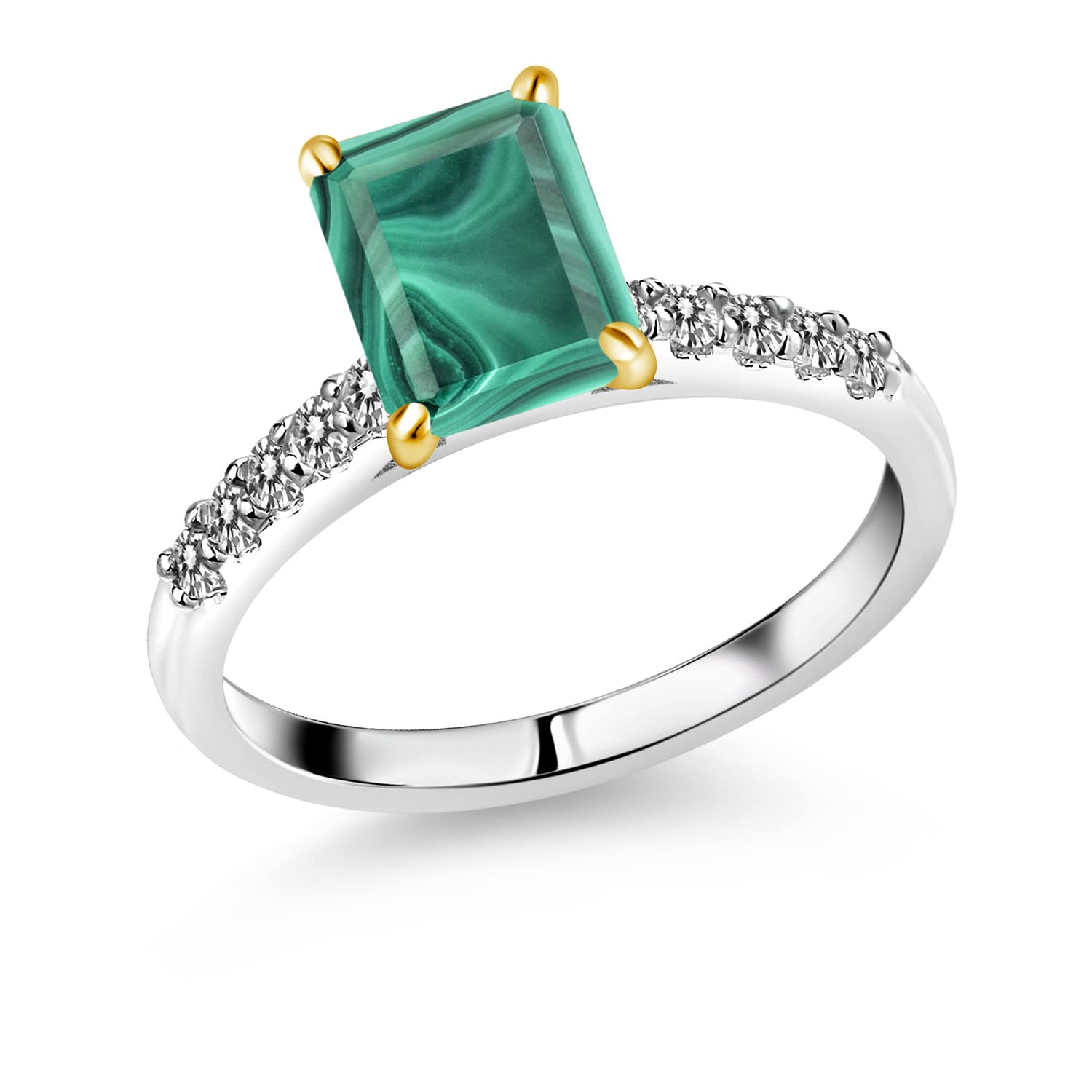3.75 Ct Green Malachite & White Diamond 10K White Gold Ring with Yellow Gold Prongs - Elegant Gemstone Jewelry for Women, Perfect for Weddings, Anniversaries & Special Occasions