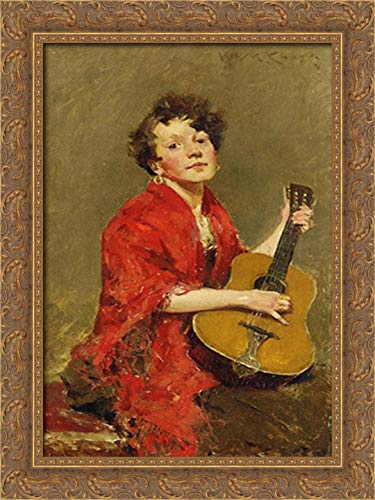 William Merritt Chase Girl With Guitar 18x24 Gold Ornate Wood Framed Canvas Art - Vintage Wall Decor for Living Room, Bedroom & Office