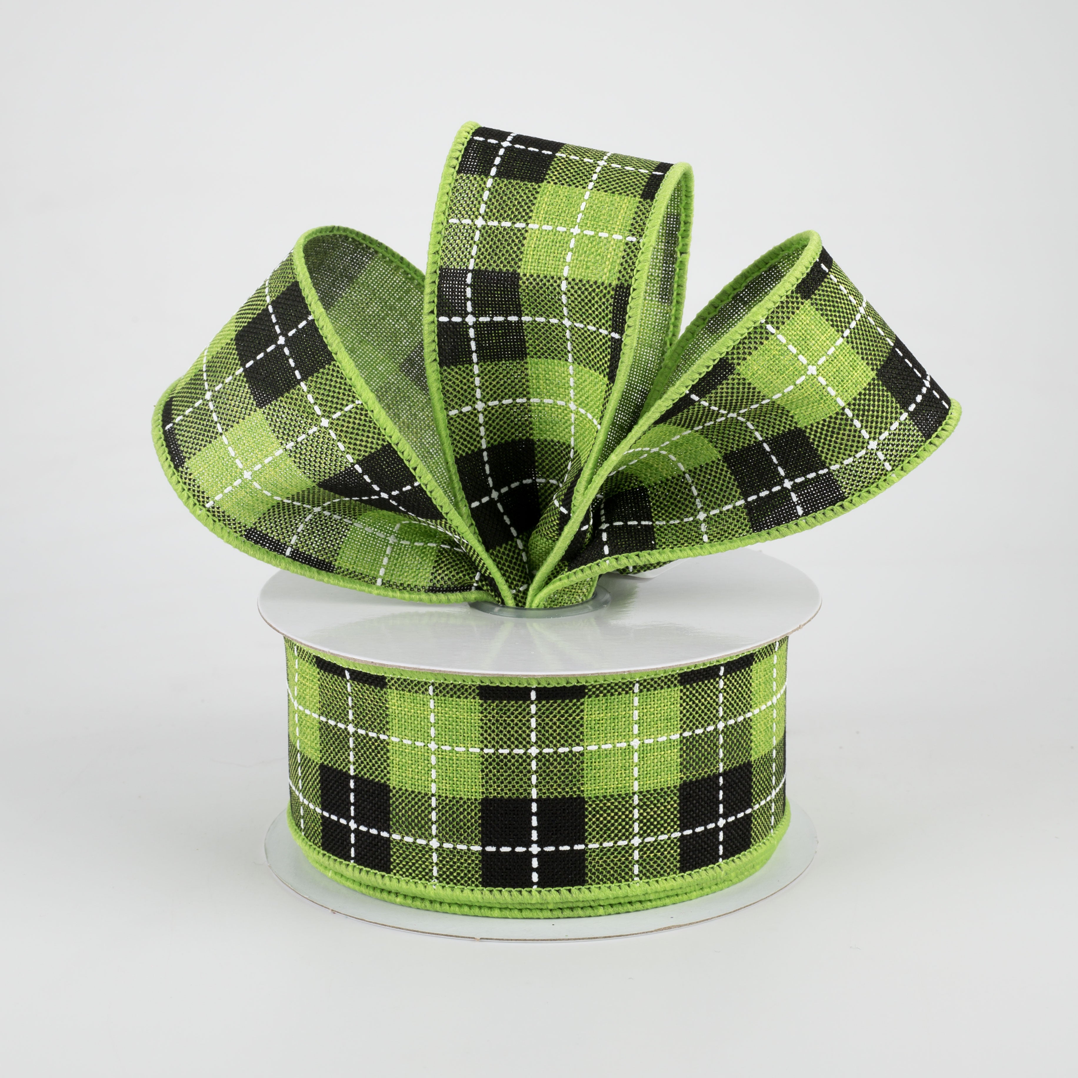 1.5 Inch Printed Woven Check Ribbon - Fresh Green, Black & White (10 Yards) for Gift Wrapping, DIY Crafts, Hair Bows and Party Decorations