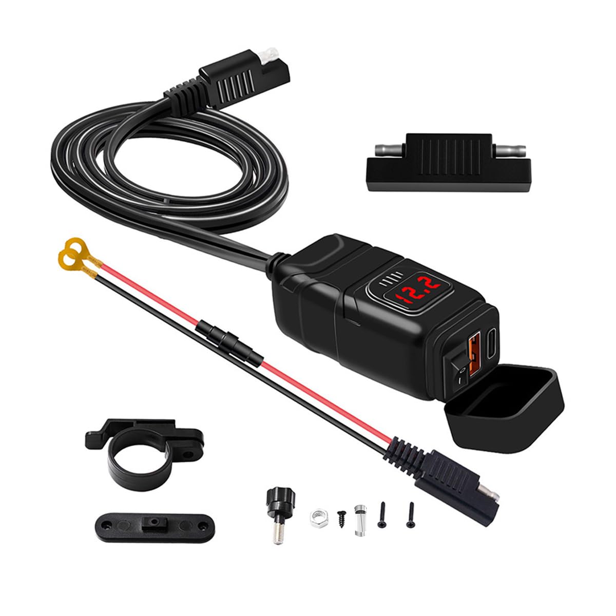 Waterproof Motorcycle USB Phone Charger with Voltmeter & ON/Off Switch - Dual QC 3.0 Fast Charging SAE to USB Adapter for Phone, Tablet, GPS - Ideal for Harley, Honda, Yamaha & Adventure Riding (Red)