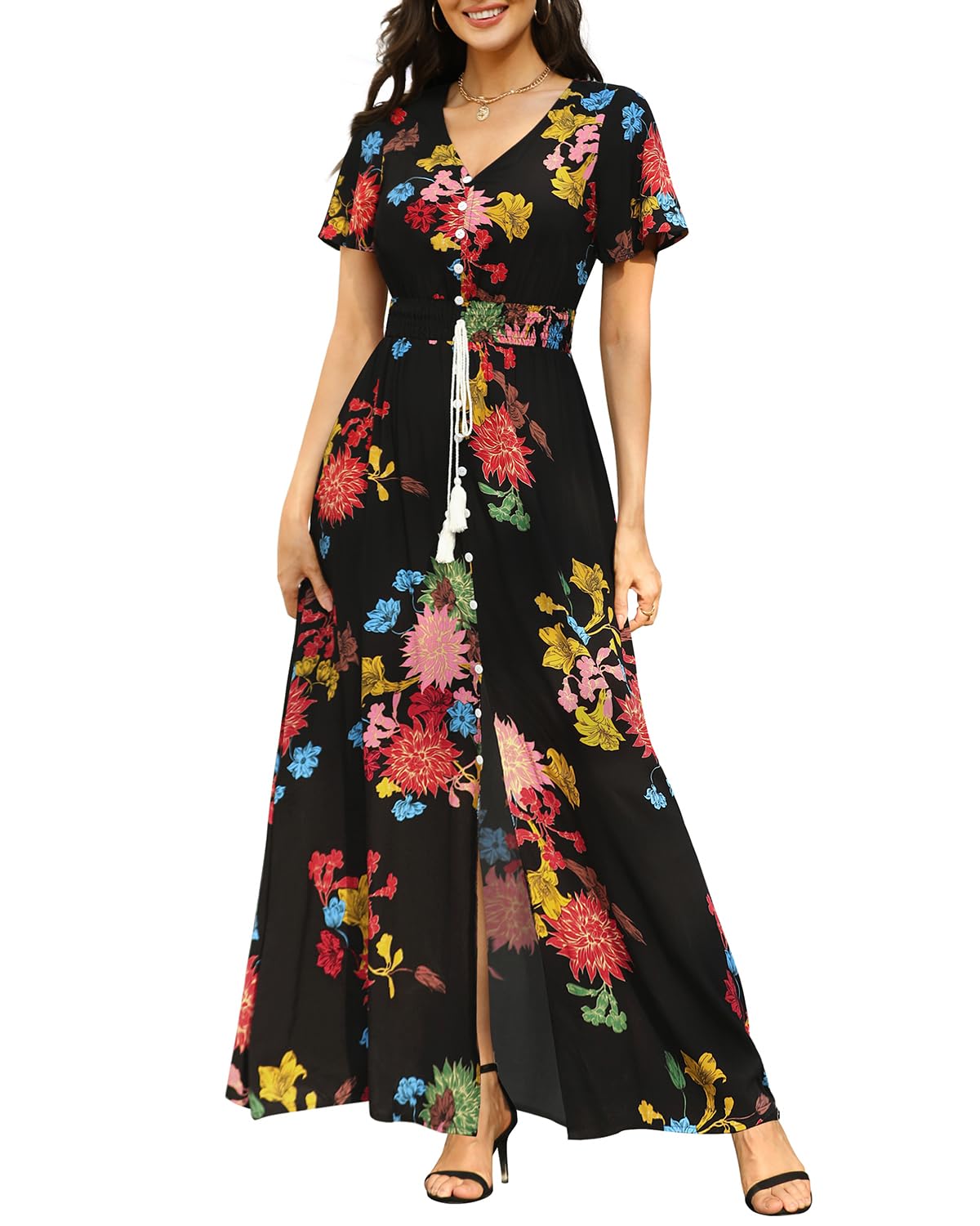 Floral Print Maxi Dress for Women - Button Up Front with Side Split, Flowy Summer Party Dress for Beach, Wedding & Special Occasions
