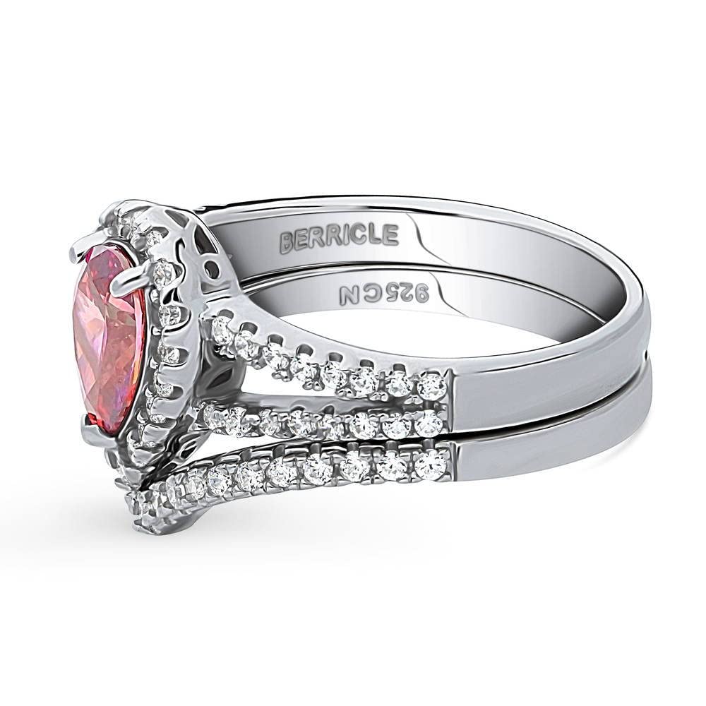BERRICLE Sterling Silver Halo Wedding & Engagement Ring Set for Women - Red Pear Cut Cubic Zirconia CZ Wishbone Split Shank Design, Rhodium Plated (Size 4-10) | Perfect for Proposals, Anniversaries & Special Occasions