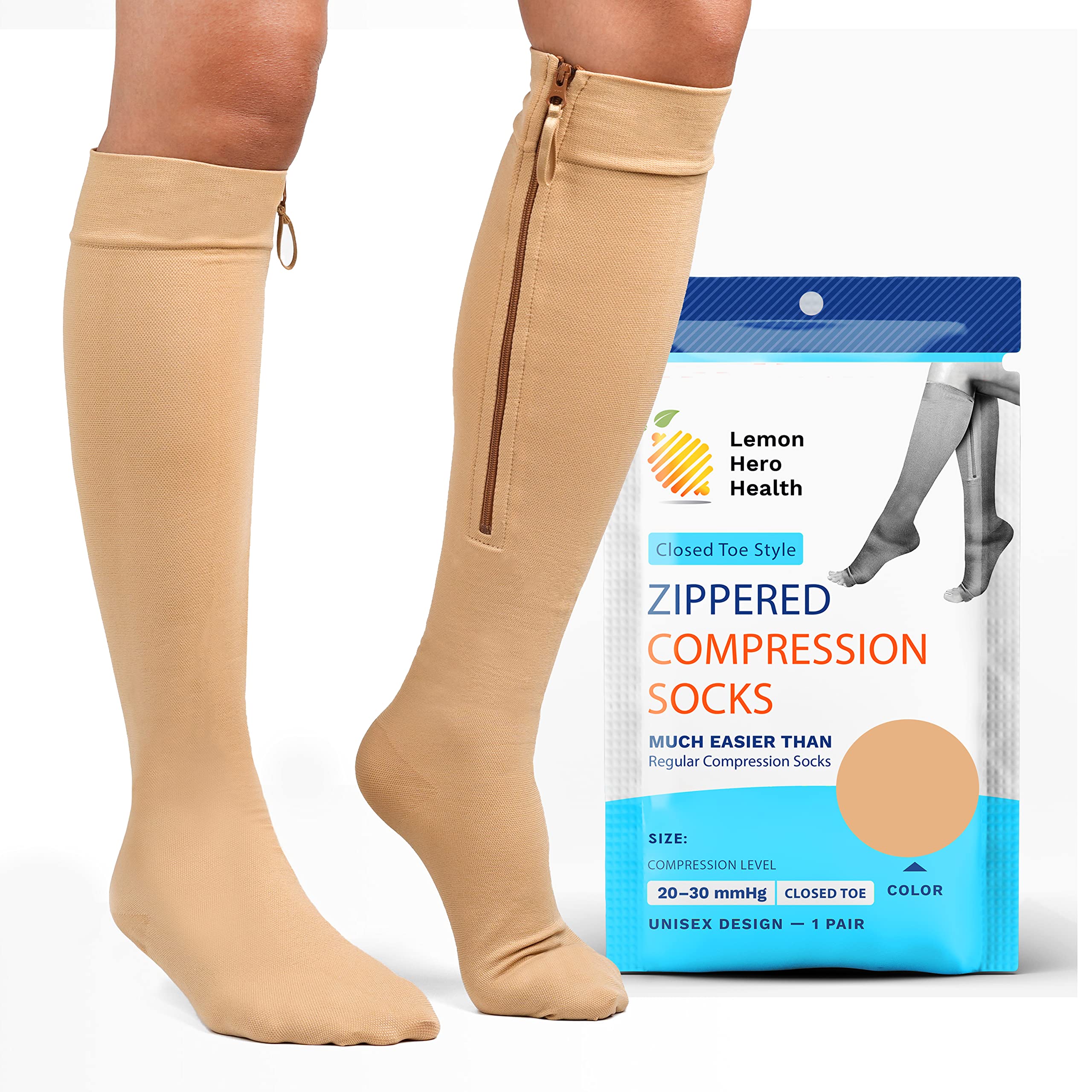 20-30 mmHg Medical Zippered Compression Socks for Women & Men - Closed Toe with Zip Guard for Skin Protection - Medium Beige - Ideal for Travel, Sports & Circulation Support