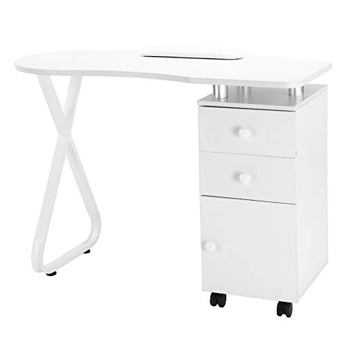 Portable Manicure Nail Table Desk - Mobile Beauty Spa Salon Workstation with 3 Drawers, Cupboard & Wrist Rest - White X-Shaped Leg - Perfect for Home Salons & Professional Nail Technicians