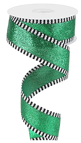 Shimmer Glitter Wired Edge Ribbon with Stripes - 10 Yards, 1.5 Inch Wide, Emerald Green - Perfect for Gift Wrapping, Party Decorations, and DIY Crafts