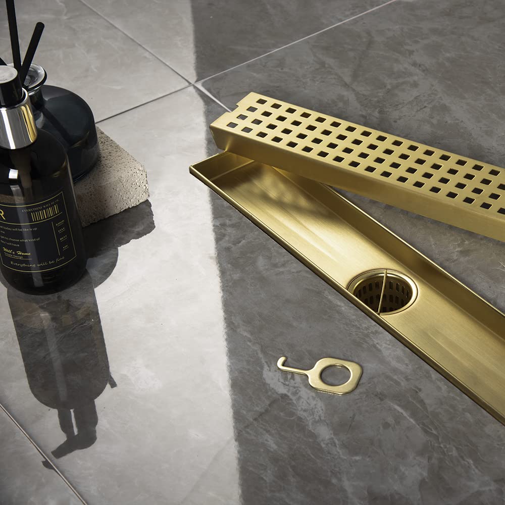 16 Inch Linear Shower Drain with Removable Cover - SUS304 Stainless Steel Rectangular Floor Drain with Adjustable Leveling Feet & Hair Strainer - Brushed Gold Finish for Modern Bathroom & Wet Room Installation