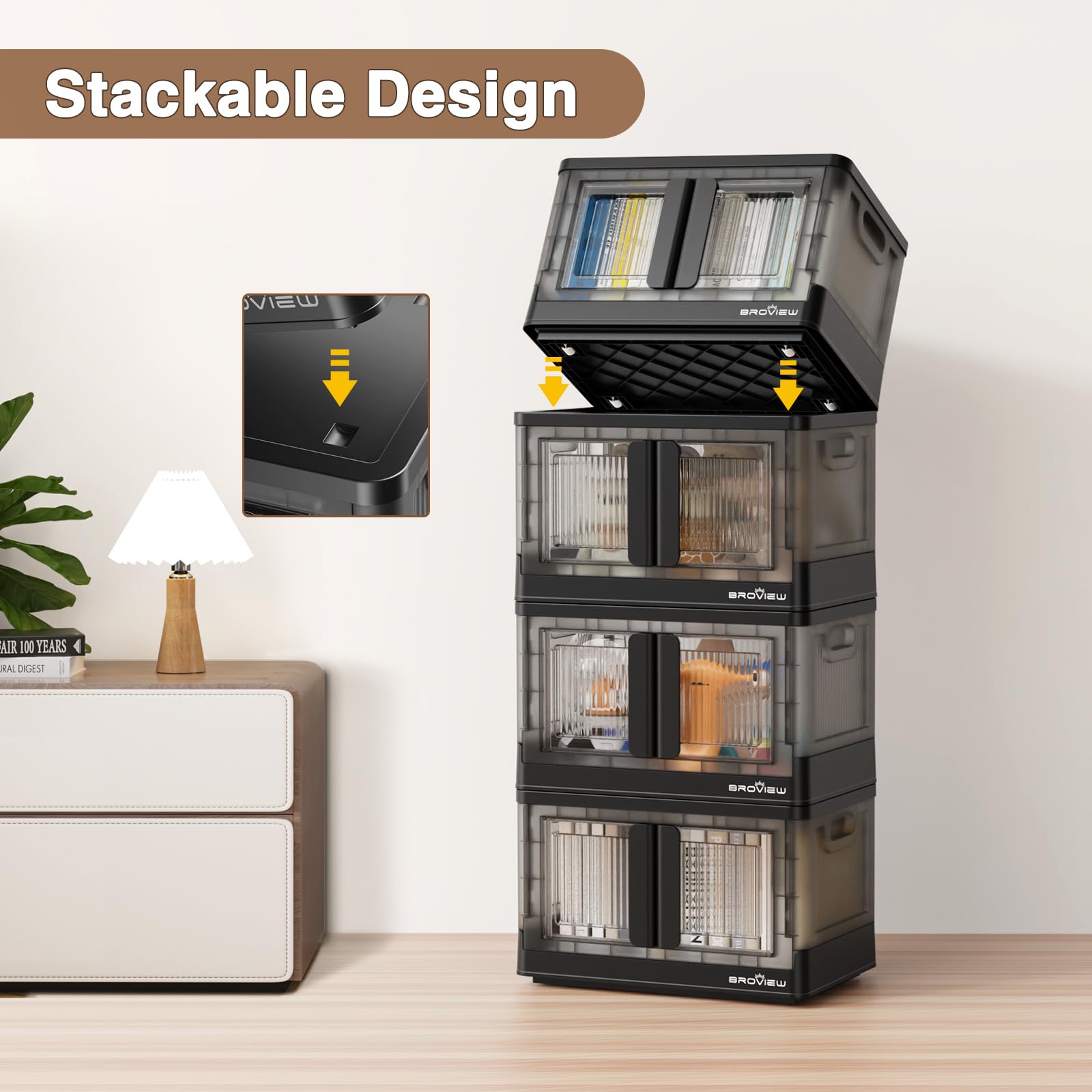 V6 136 QT Stackable Storage Bins with Lids & Wheels - Collapsible Folding Storage Cabinets with Doors for Closet, Home Office, Dorm Organization (Black) | Perfect for Seasonal Clothes, Toys, and Household Items Storage
