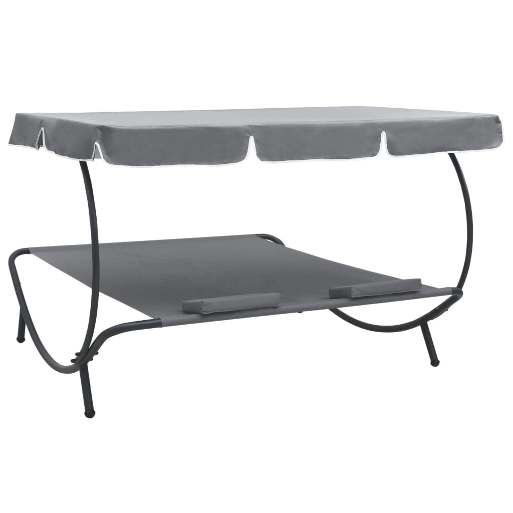 CHARMMA Patio Lounge Bed with Canopy & Pillows - Gray Outdoor Daybed (18.45KG) for Poolside, Garden, or Backyard Relaxation