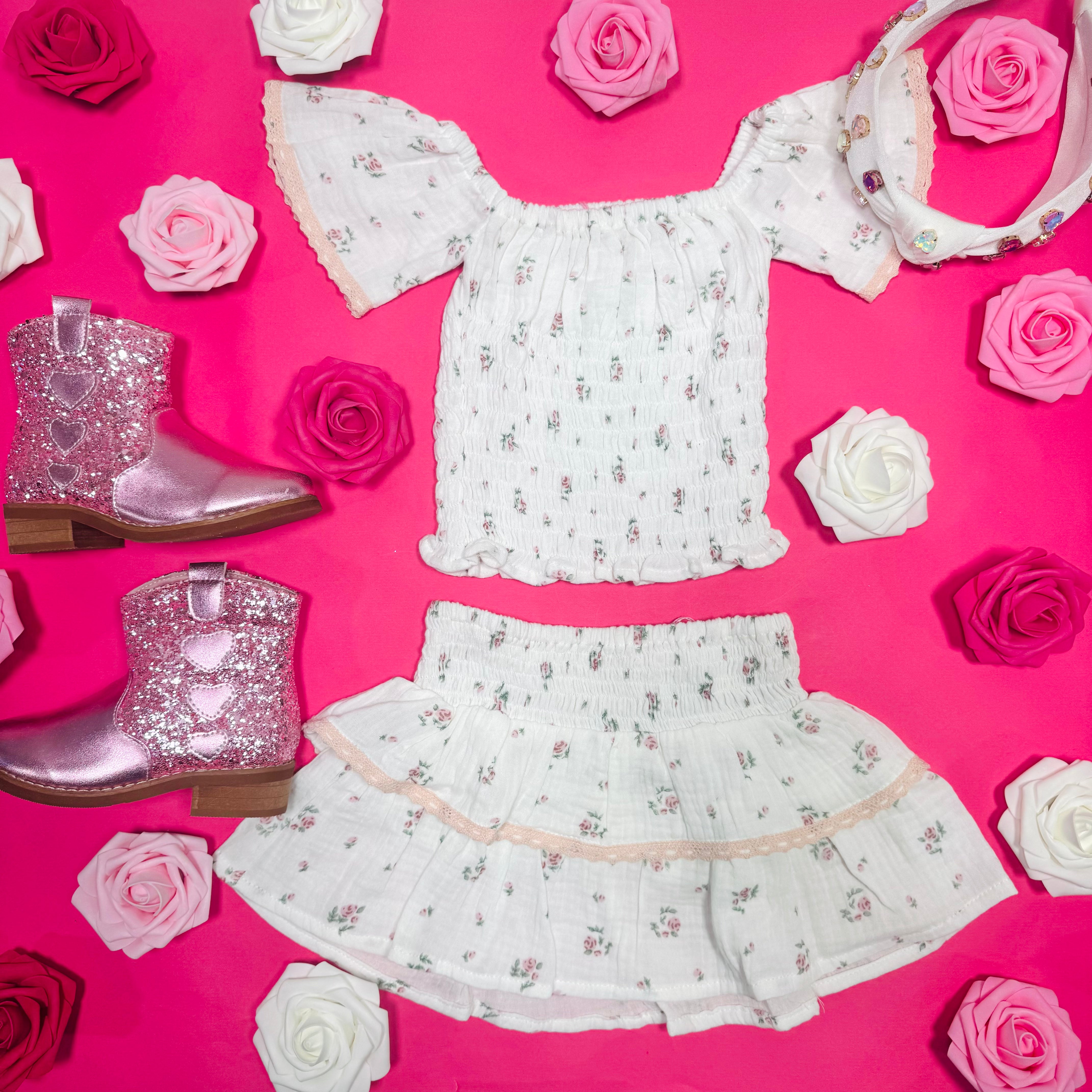 Elegant Roses Smocked Flutter Sleeve Top & Ruffle Skirt Set for Women | Floral Summer Outfit for Brunch, Date Night & Special Occasions