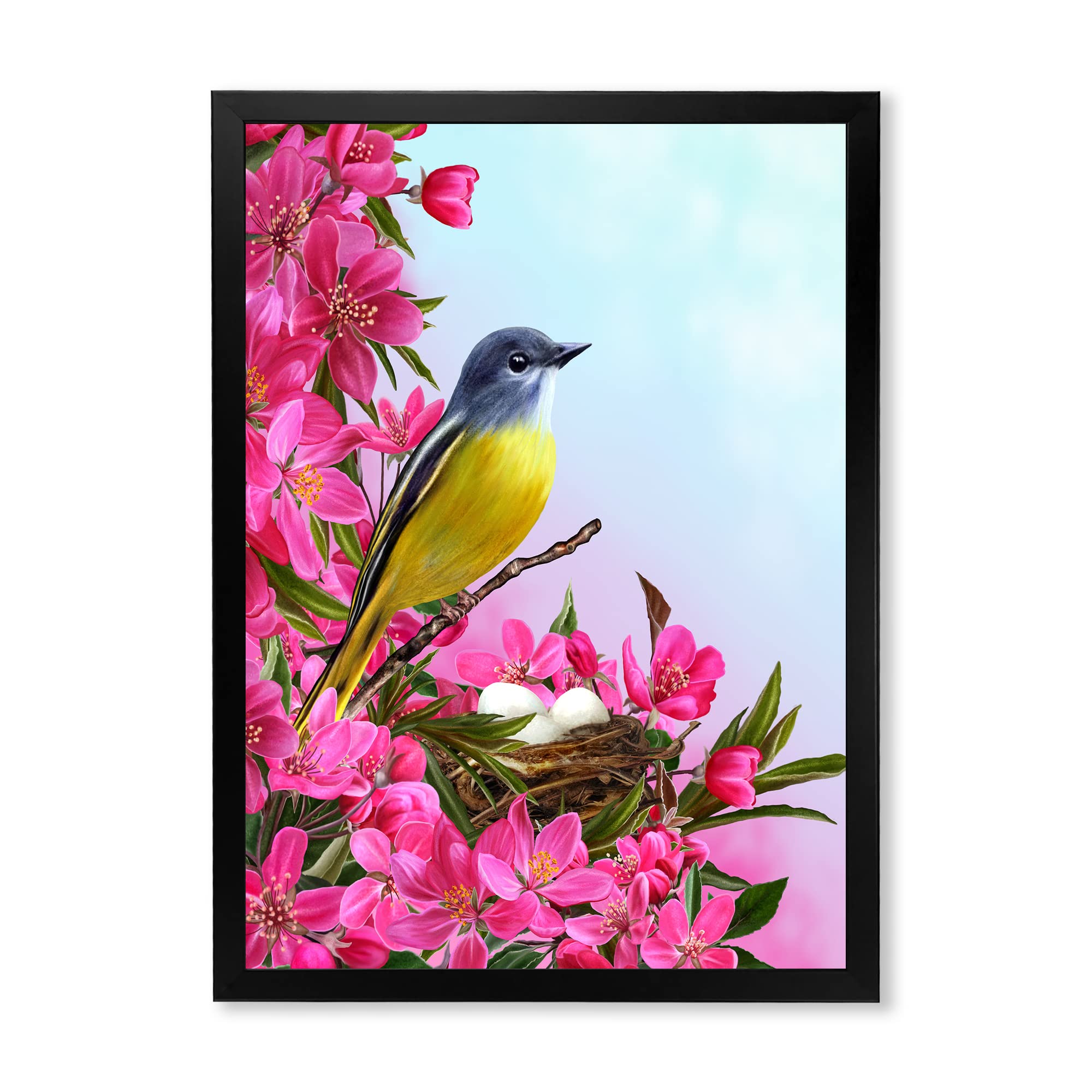 DesignQ Little Yellow Bird Near The Nest with Flowers - Traditional Framed Wall Art Painting - Perfect for Living Room, Bedroom & Office Decor