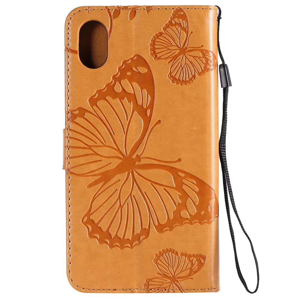 Butterfly Floral PU Leather Wallet Stand Phone Case with Wrist Strap for iPhone Xr (6.1 Inch) - Yellow | Slim Protective Cover with Card Slots | Perfect for Everyday Use, Travel & Hands-Free Viewing
