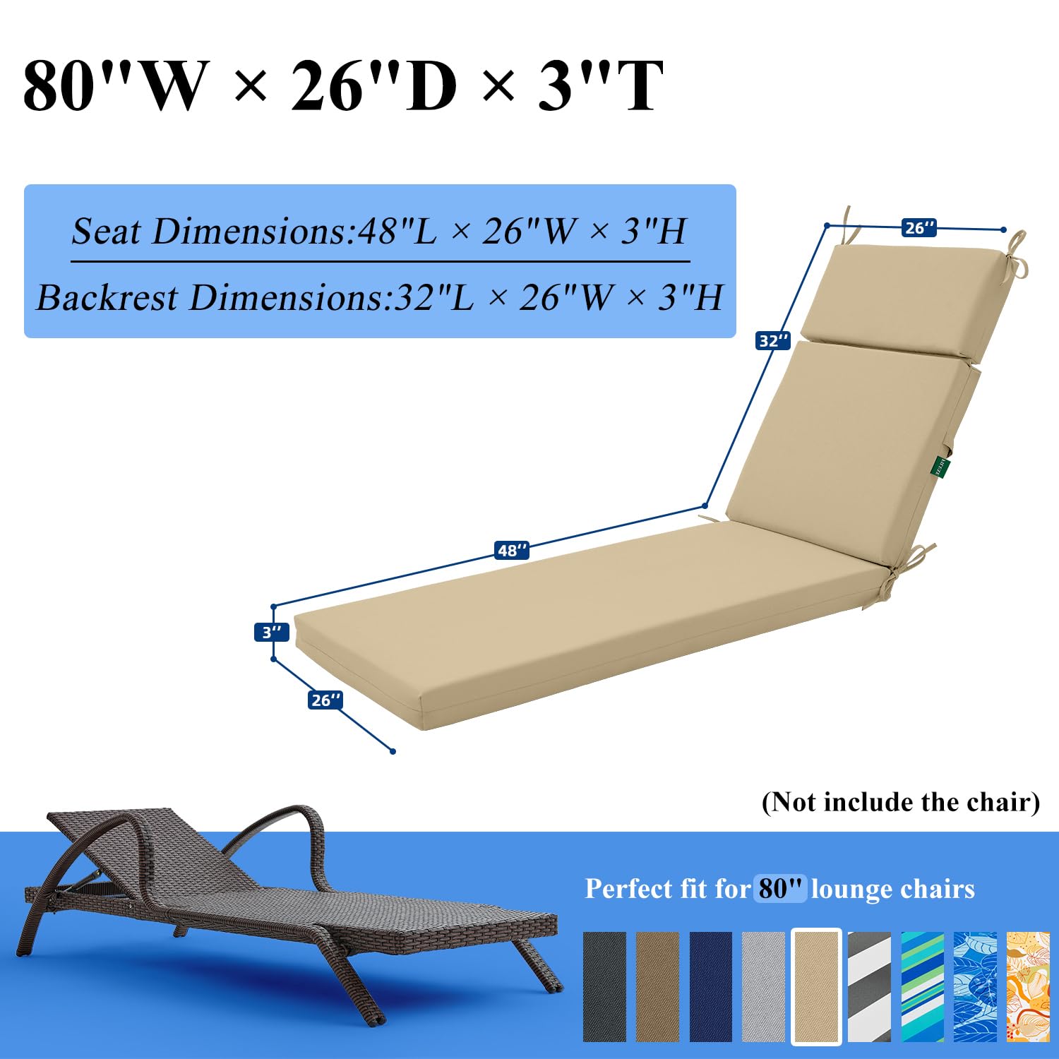 FILUXE Outdoor Chaise Lounge Cushions 80x26x3 Inch - High-Density Foam Chair Cushion with Ties, Weather & Fade Resistant - Patio, Lawn, Pool & Beach Recliner Cushions (Khaki) | Perfect for Sunbathing, Relaxing by the Pool, or Lounging in Your Backyard