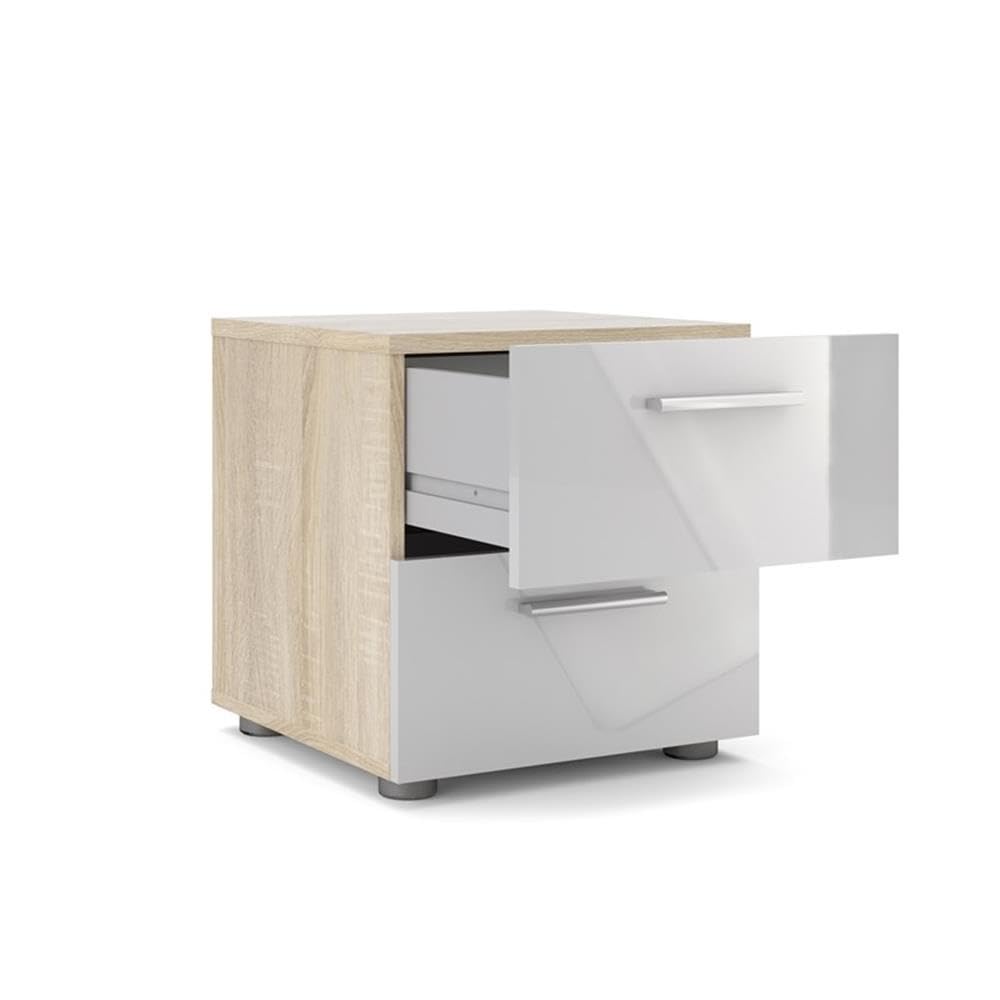 Modern 4-Piece Oak & White Gloss Bedroom Set with Nightstands, Dresser & Chest | Space-Saving Storage Solution for Small Bedrooms & Apartments
