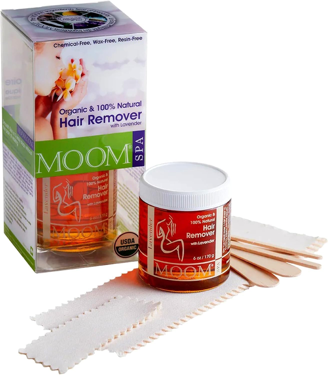 MOOM Organic Hair Removal Kit - Natural Waxing Solution for Sensitive Skin with Lavender, Tea Tree Oil, Avocado & Green Tea | Includes Reusable Strips & Sticks | Perfect for Face, Bikini, Legs & Body Hair Removal at Home or Salon