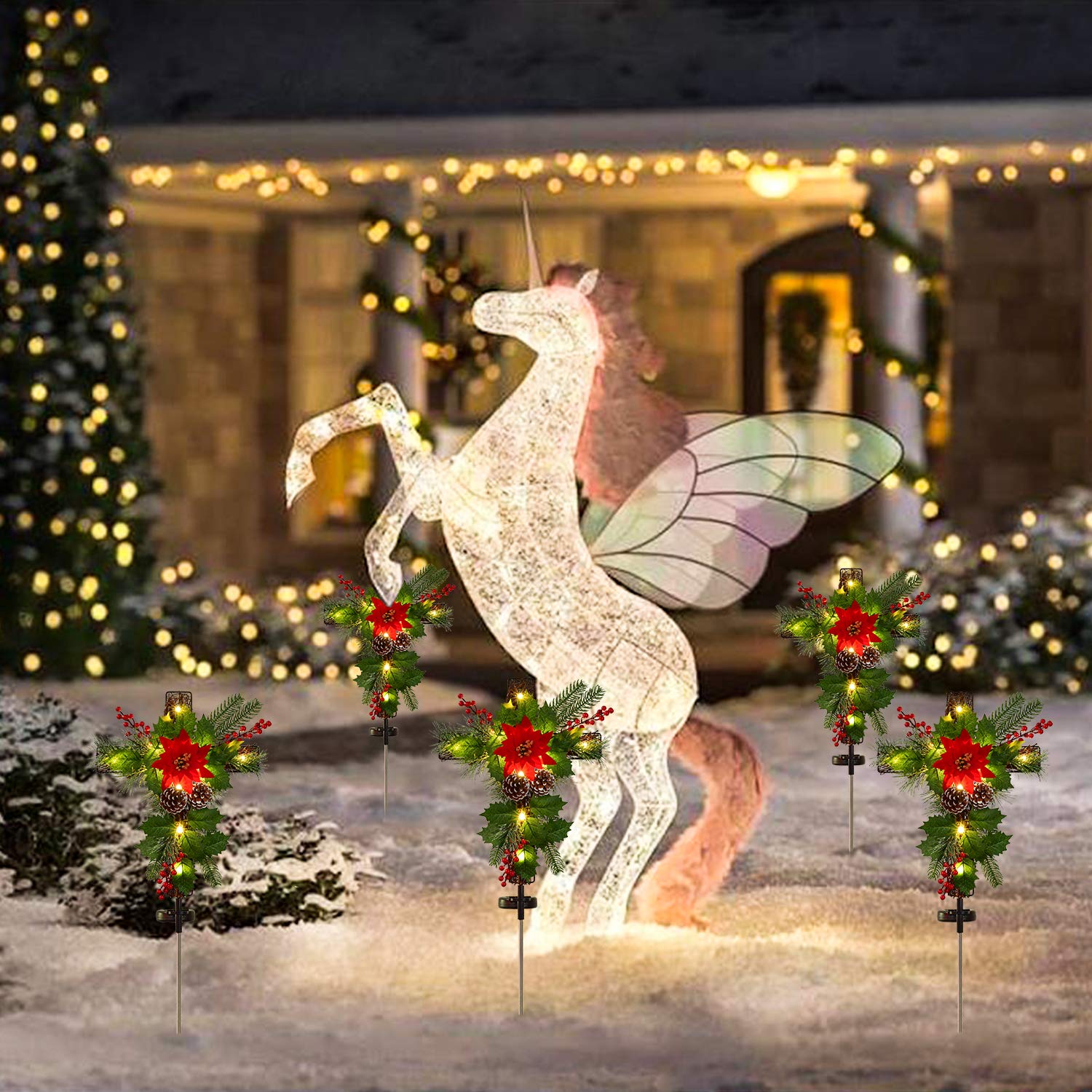 2 Pack Outdoor Solar Christmas Lights - Cross Stake Lights with Faux Poinsettia, Pine Cones & Red Berries for Garden, Patio, Grave Decor - Weatherproof Solar Powered Landscape Lighting for Holiday & Memorial Decorations