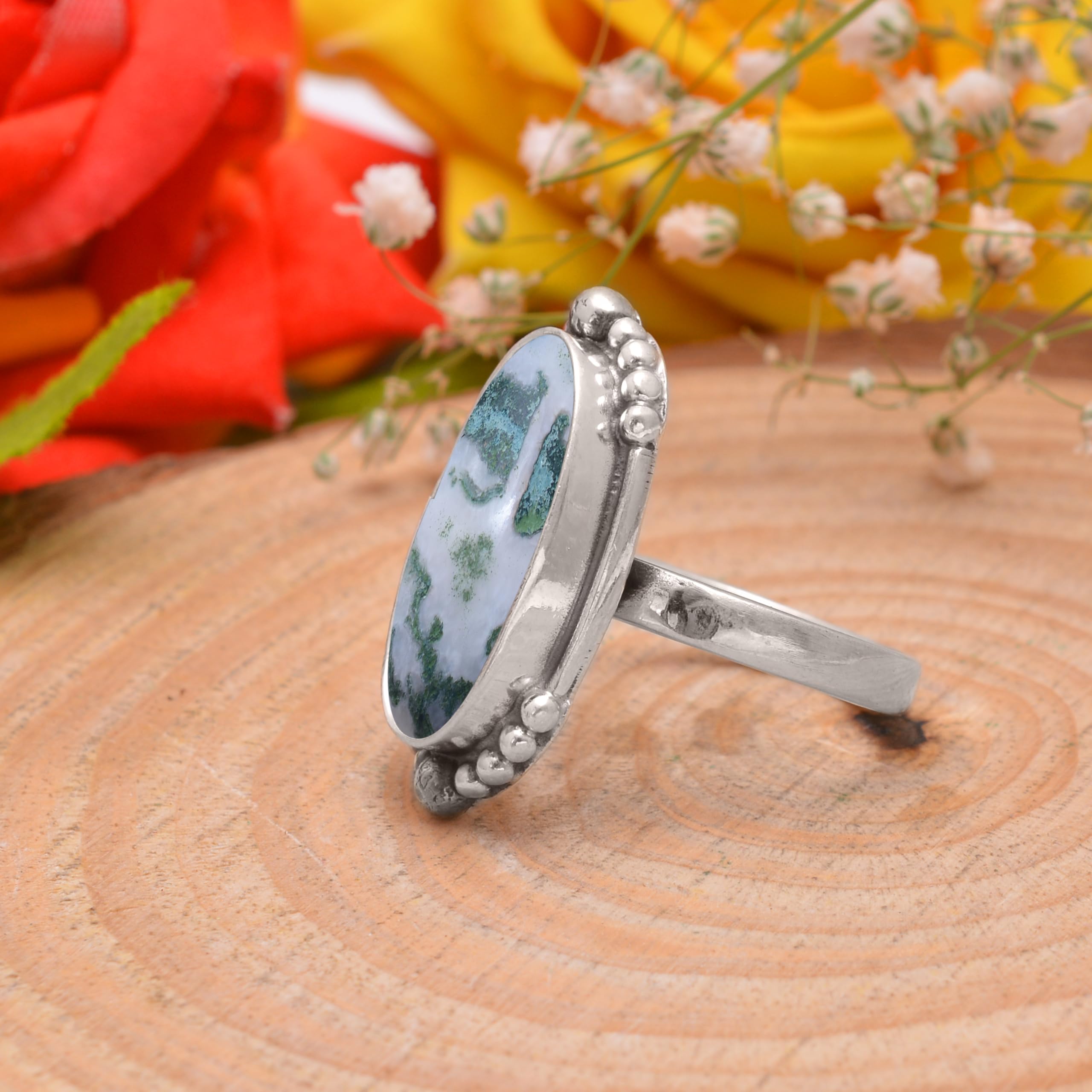 Veracity Jewelry Moss Agate Rings for Women - 925 Sterling Silver Healing Meditation Rings with Natural Green White Gemstone - VSR-543 | Spiritual Jewelry, Yoga Accessories, Gift for Her