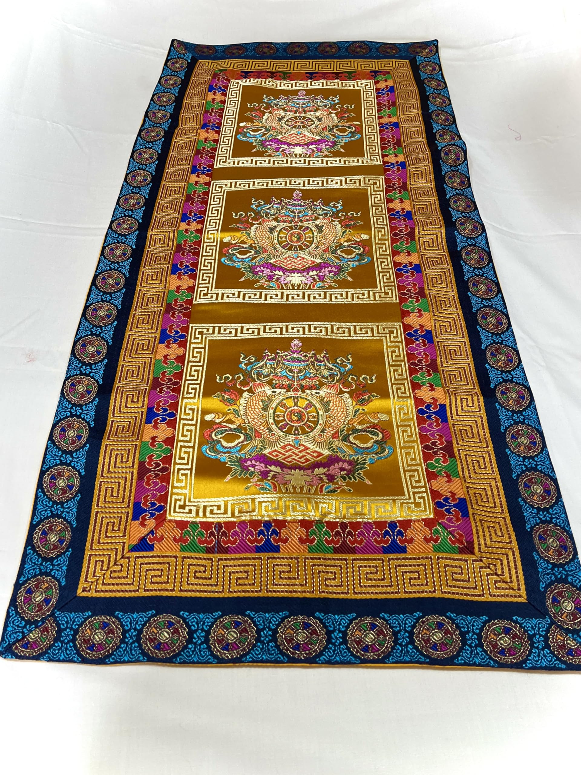 Handmade Tibetan Buddhist Silk Brocade Table Runner - Traditional Auspicious Symbol Altar Cloth & Shrine Cover - Nepalese Yellow Table Decor for Home, Wedding & Meditation Spaces