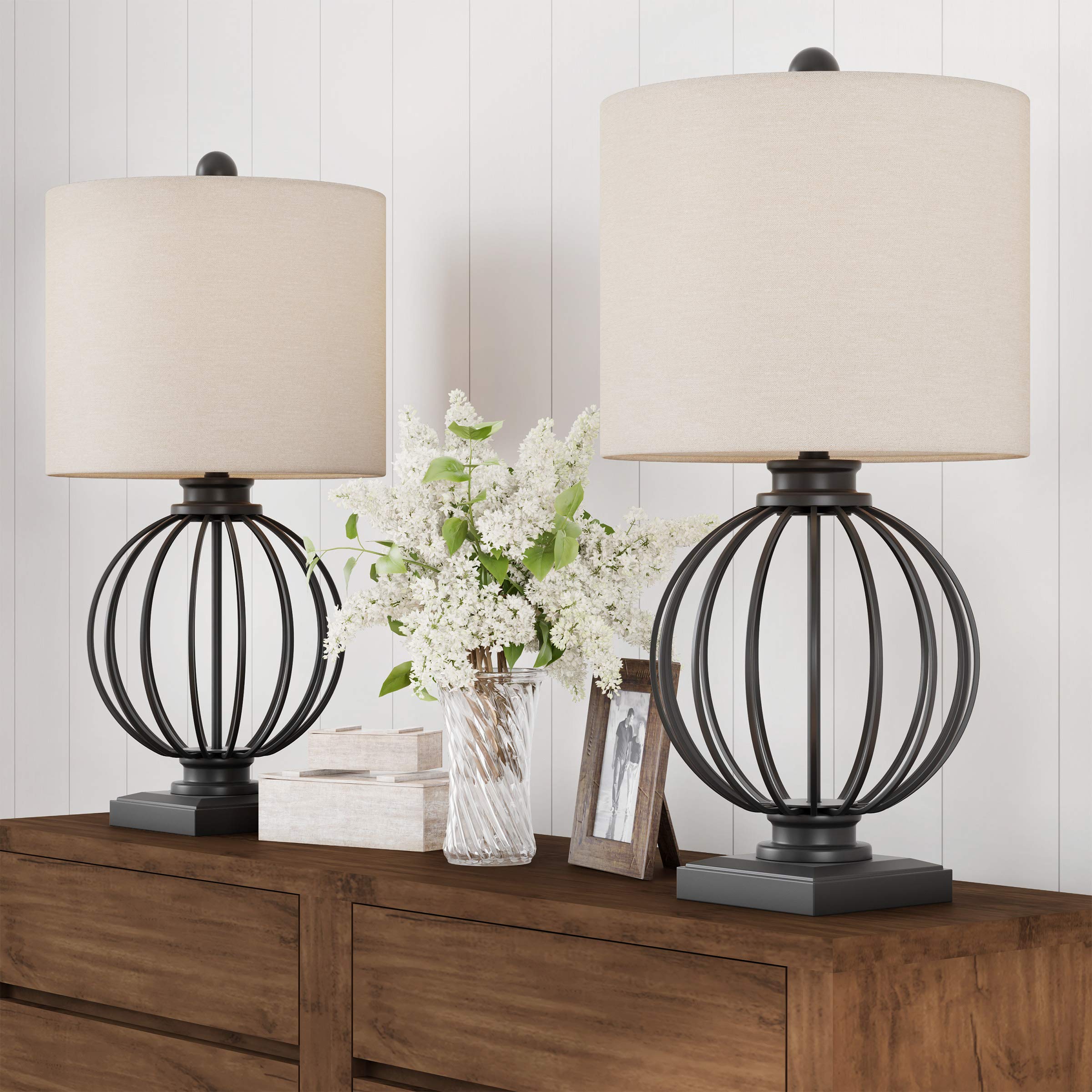 Modern Wrought Iron Table Lamps Set of 2 - Rustic Farmhouse Cage Design with LED Bulbs - Black Open Cage Lighting for Living Room, Bedroom, Office or Dining Room - Perfect for Cozy Reading Nook & Nightstand Decor by Lavish Home