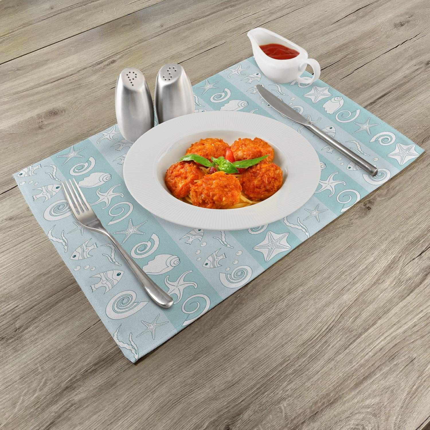 Ambesonne Nautical Place Mats Set of 4, Marine Theme Sea Animals Fish Shells Striped Blue Washable Fabric Placemats for Dining Table Kitchen - Standard Size 12x18 Inches - Perfect for Beach House Decor, Seafood Restaurants & Coastal Themed Parties