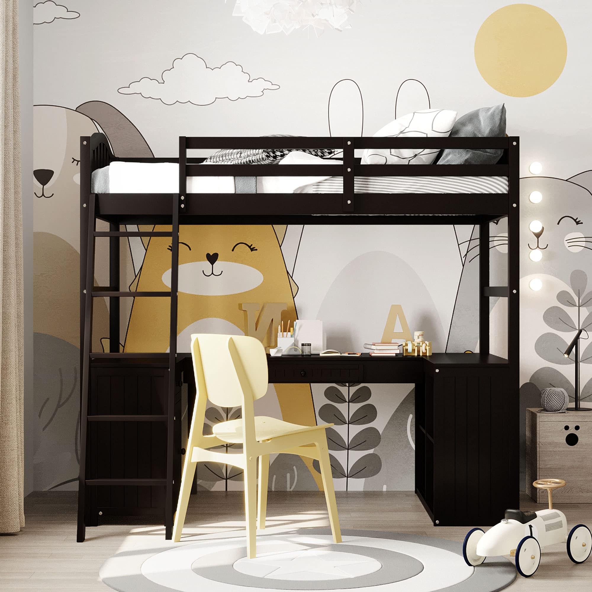 **Rhomtree Twin Loft Bed with Drawers, Cabinet, Shelves & Desk - Sturdy Wood Loft Bed with Guard Rail & Ladder for Kids, Teens & Adults - Espresso Finish - Perfect for Small Bedrooms, Dorms & Studio Apartments**