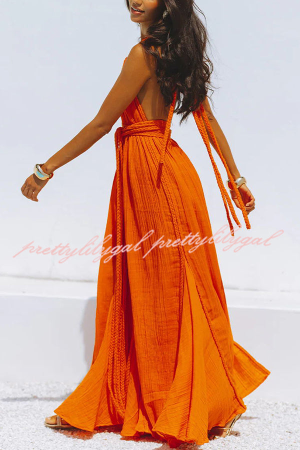 Summer Whispers Linen Blend Maxi Dress - Deep V Neck Halter Backless Cover Up with Draped Braids | Perfect for Beach Vacations, Pool Parties & Summer Weddings