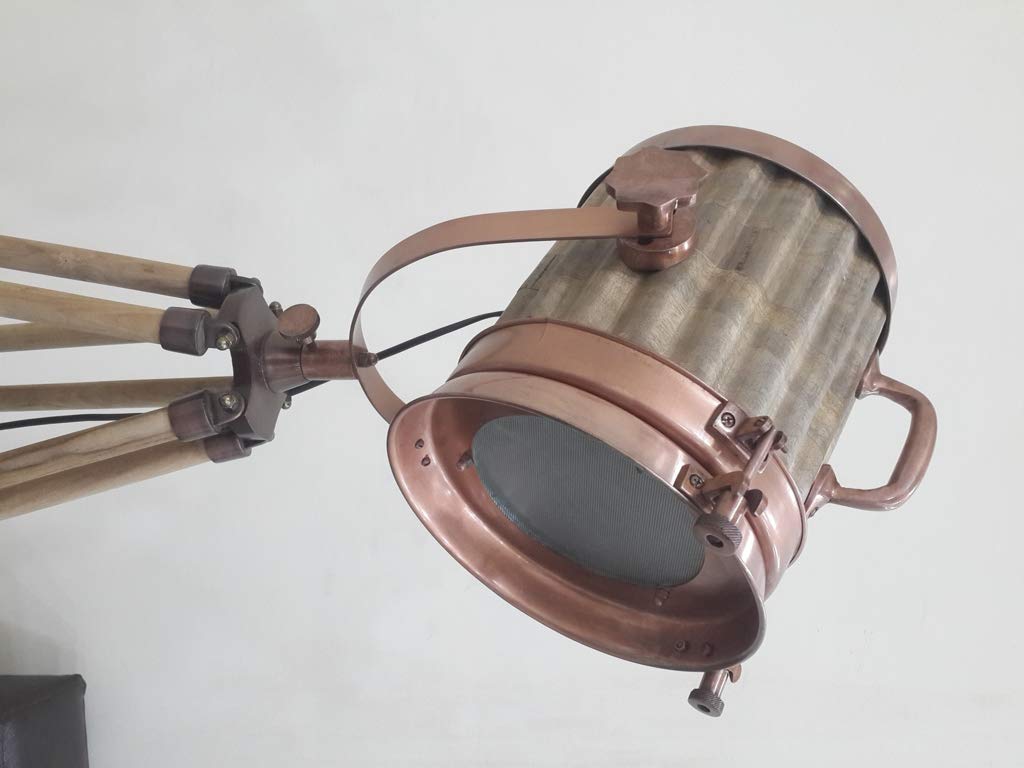 THOR INSTRUMENTS Wooden Copper Floor Lamp - Nautical Searchlight Design, Rustic Vintage Home Decor, Perfect for Living Room, Bedroom & Office Lighting