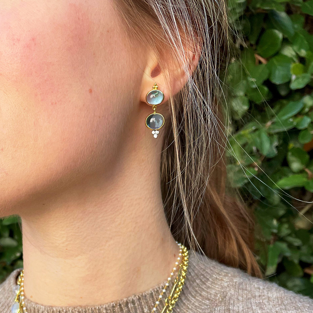 14K Yellow Gold Mazza Blue Topaz Double Drop Earrings for Women - Elegant Dangling Jewelry for Parties, Weddings & Special Occasions