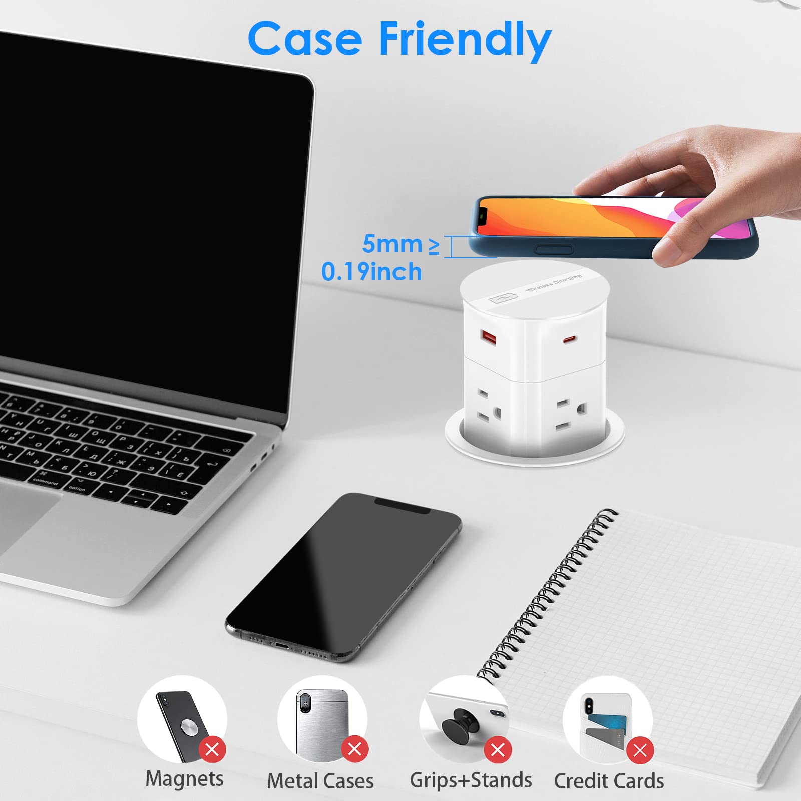 ANNQUAN 9-in-1 Pop Up Countertop Outlet with 4 AC Outlets, 20W USB-C PD Fast Charging, 15W Wireless Charger & QC3.0 USB-A Ports - White | For Kitchen Island, Home Office & Workspace Charging Station