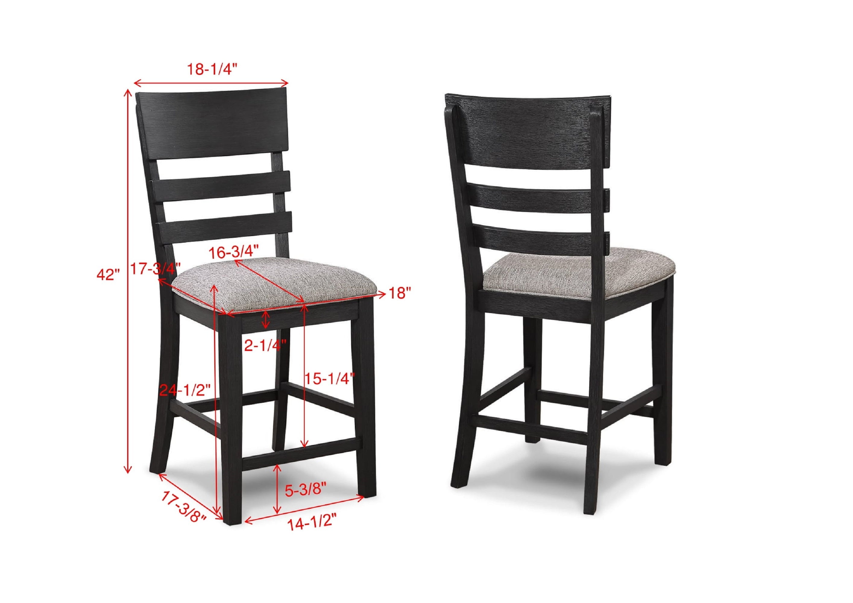 2-Piece Black & Gray Counter Height Chairs with Upholstered Seat & Ladder Back - Solid Wood Dining Room Furniture for Kitchen Island, Breakfast Nook & Small Space Decor