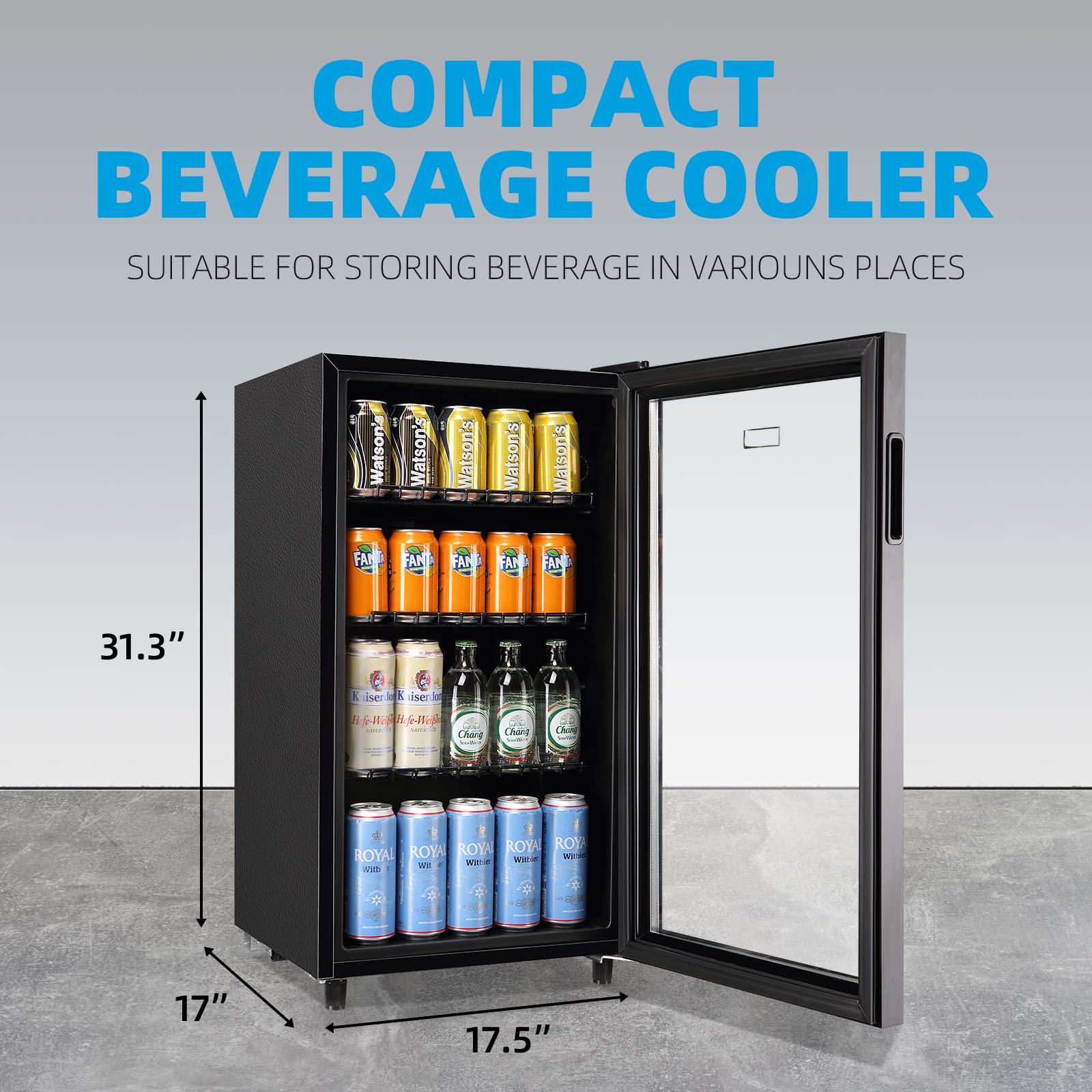 WANAI 125 Can Mini Fridge with Glass Door - Compact Beverage Cooler for Beer, Wine & Juice - Adjustable Shelves & LED Lighting - Perfect for Home, Office, Bar & Dorm Room Use