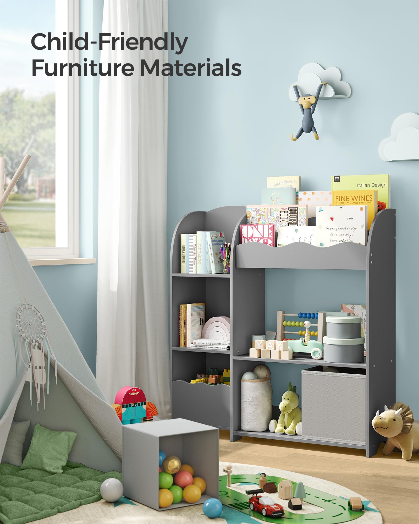 SONGMICS Kids Toy and Book Storage Organizer with 2 Bins - Multifunctional Bookshelf & Toy Organizer for Playroom, Nursery, Living Room - Perfect for Organizing Toys, Books, and Kids' Accessories (Dove Gray, UGKR042G01)