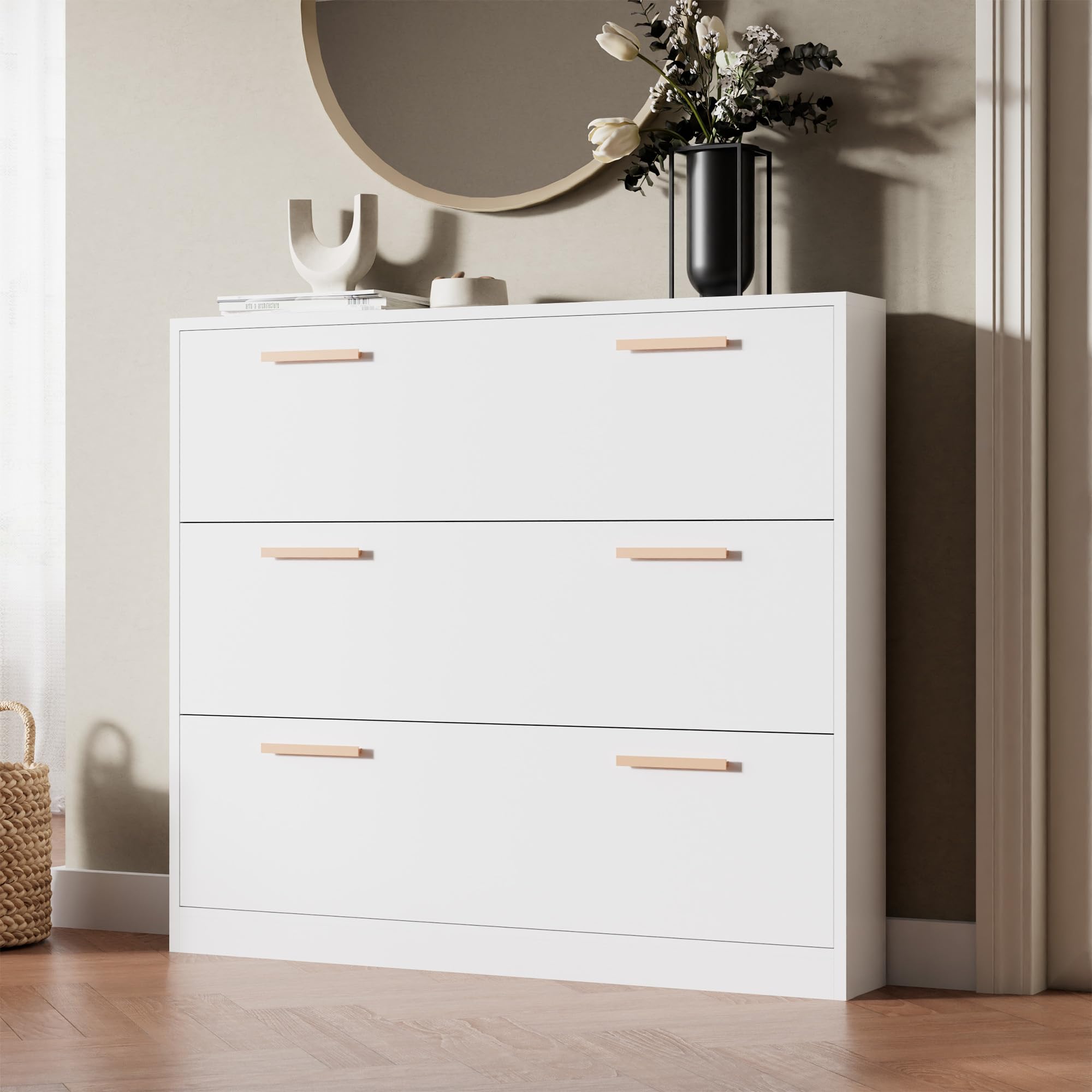 Cozy Castle 3-Tier Flip Drawer Shoe Cabinet with Anti-Tip Design - Slim Space-Saving Entryway Shoe Storage Organizer for Hallway, Living Room & Bedroom - White Modern Shoe Rack for Small Spaces