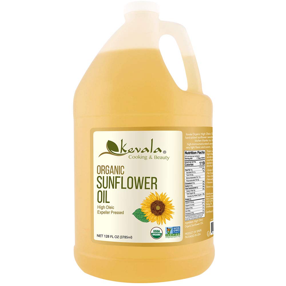 Kevala Organic High Oleic Sunflower Oil - 1 Gallon (128 fl oz) - Cold Pressed, Unrefined Cooking Oil - Perfect for Frying, Baking & Salad Dressings - USDA Certified Organic, Non-GMO, Vegan-Friendly