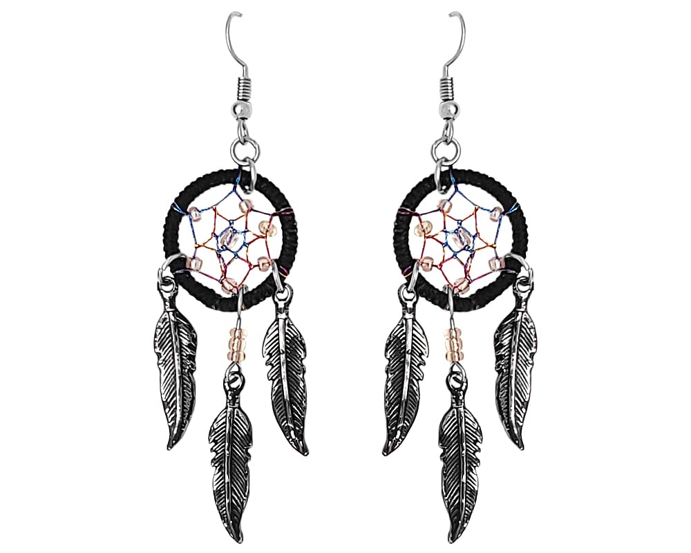 Dream Catcher Long Triple Colored Metal Feather Dangle Earrings - Handmade Boho Jewelry for Women | Perfect for Festivals, Parties & Boho Chic Outfits