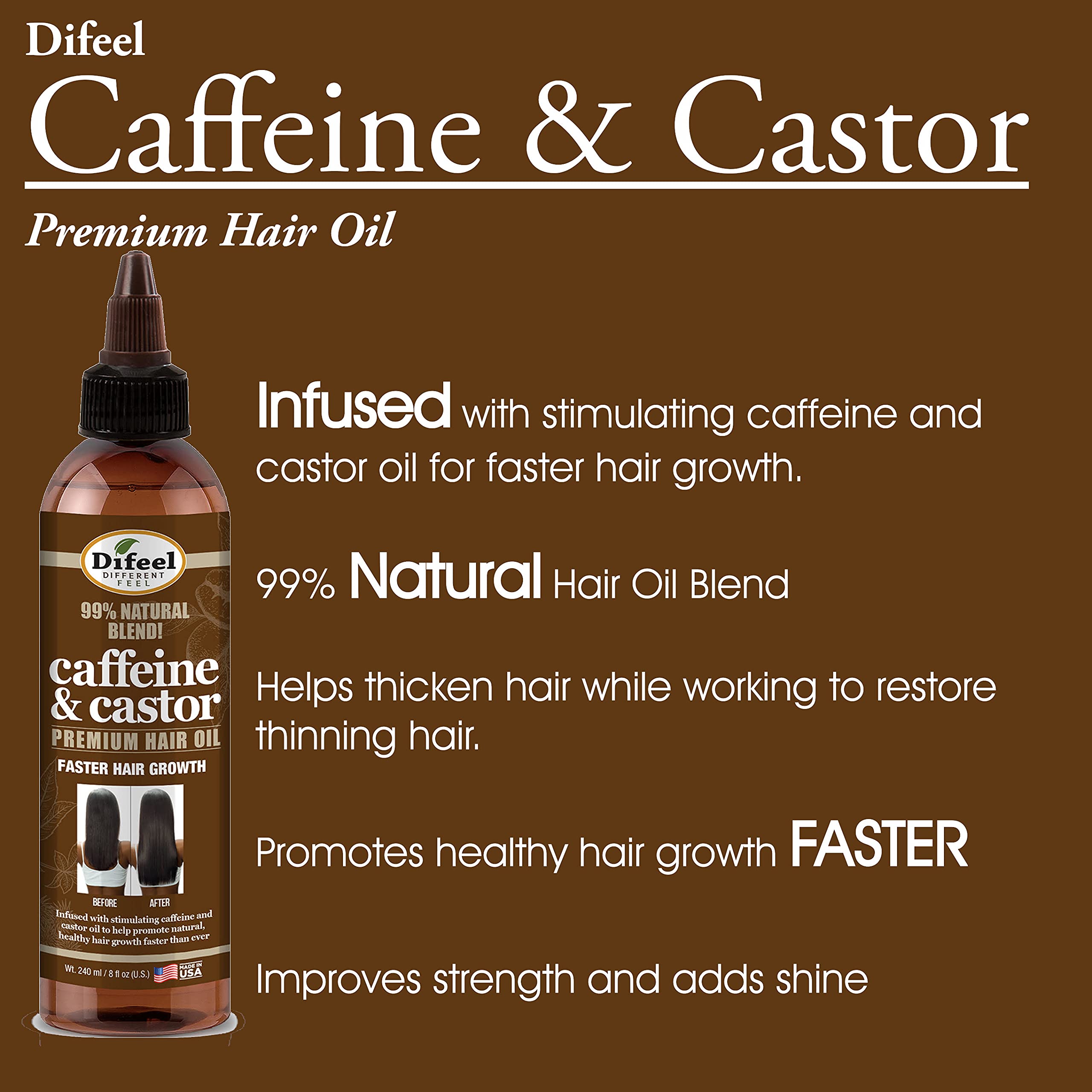 Difeel 99% Natural Premium Hair Growth Oil with Caffeine & Castor Oil - 8 oz Fast Absorbing Treatment for Thicker, Longer Hair - Perfect for Daily Use, Scalp Massage & Overnight Hair Care