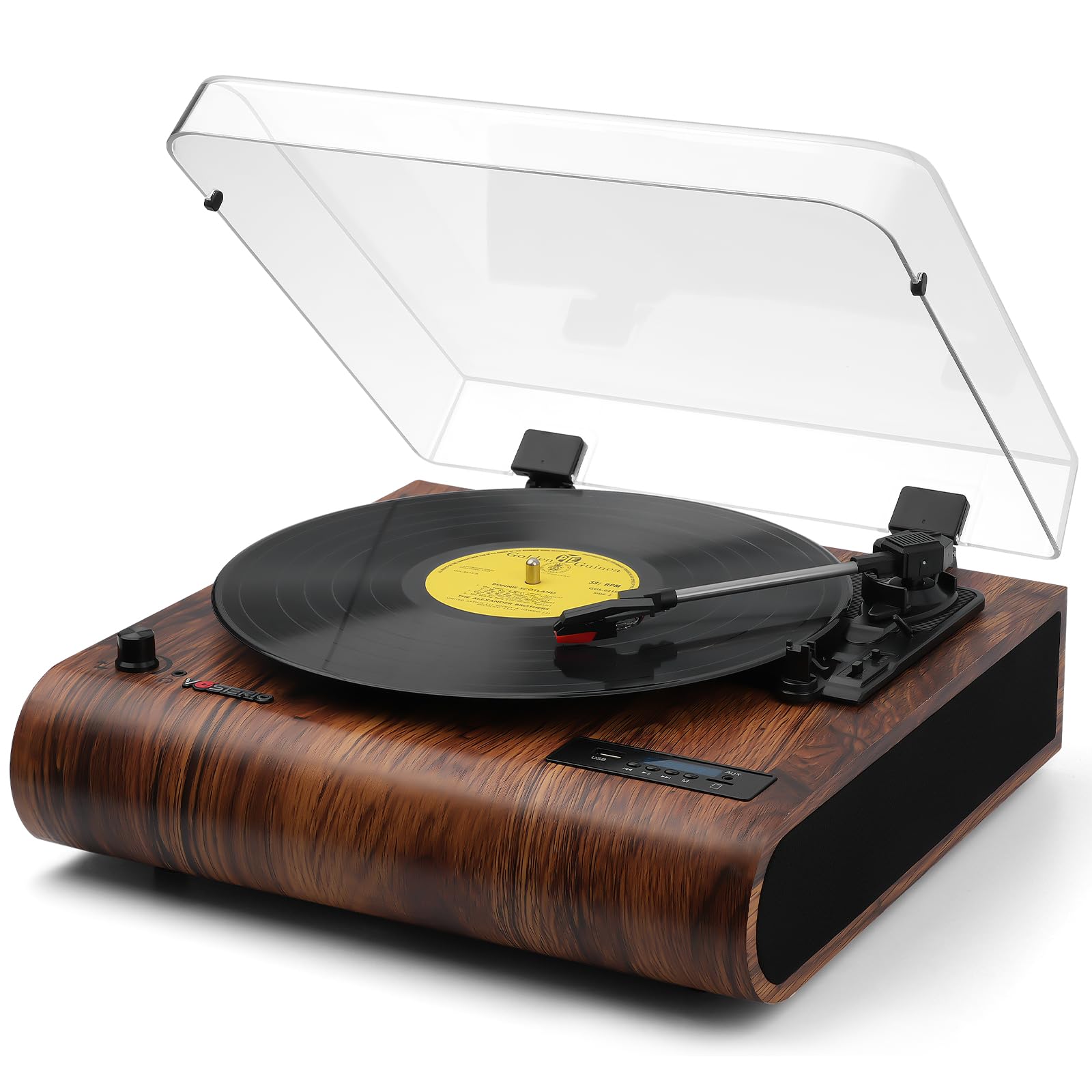 VOSTERIO 3-Speed Bluetooth Record Player with Built-in Speakers - Retro Vinyl Turntable with BT Input/Output, FM Radio, USB/SD Recording, Aux Input & LED Display - Perfect for Home Entertainment, Vintage Music Lovers & Gift Giving