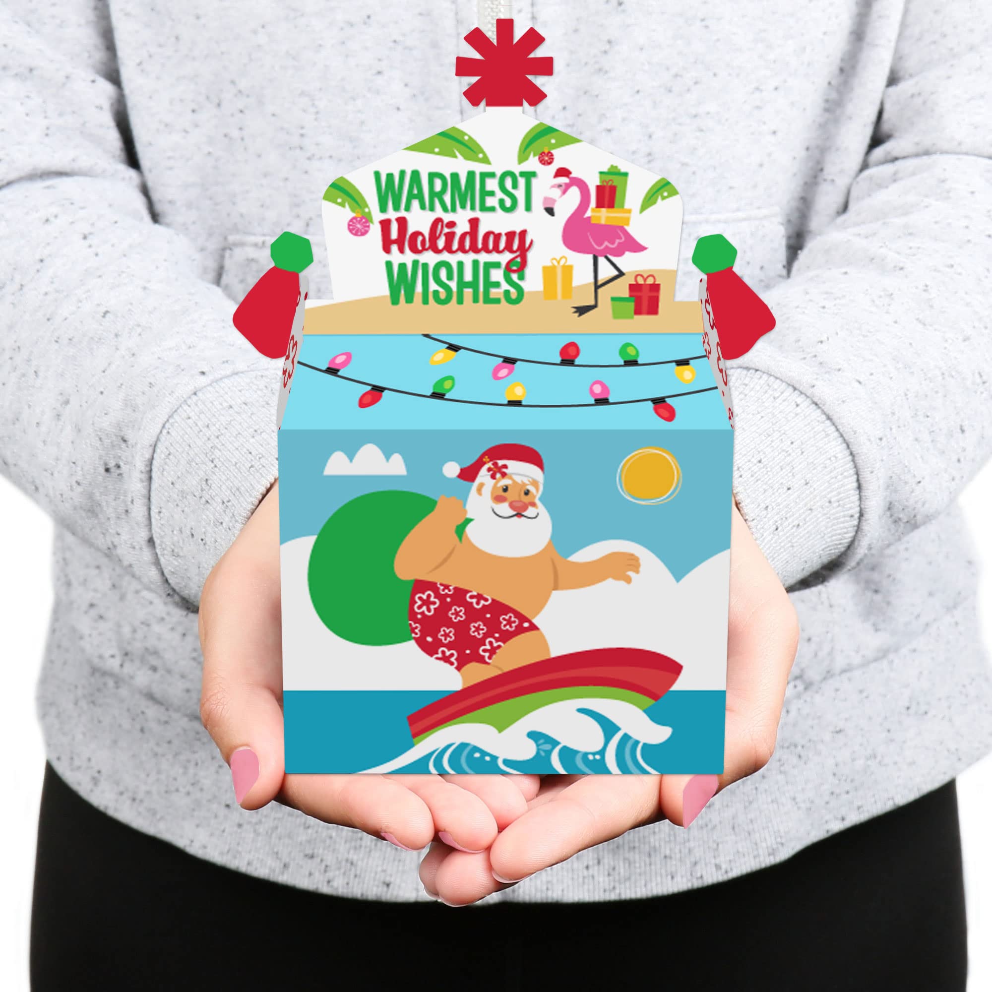 Tropical Christmas Treat Box Party Favors - Set of 12 Beach Santa Holiday Goodie Gable Boxes for Beach Themed Parties, Christmas Celebrations & Holiday Gift Giving