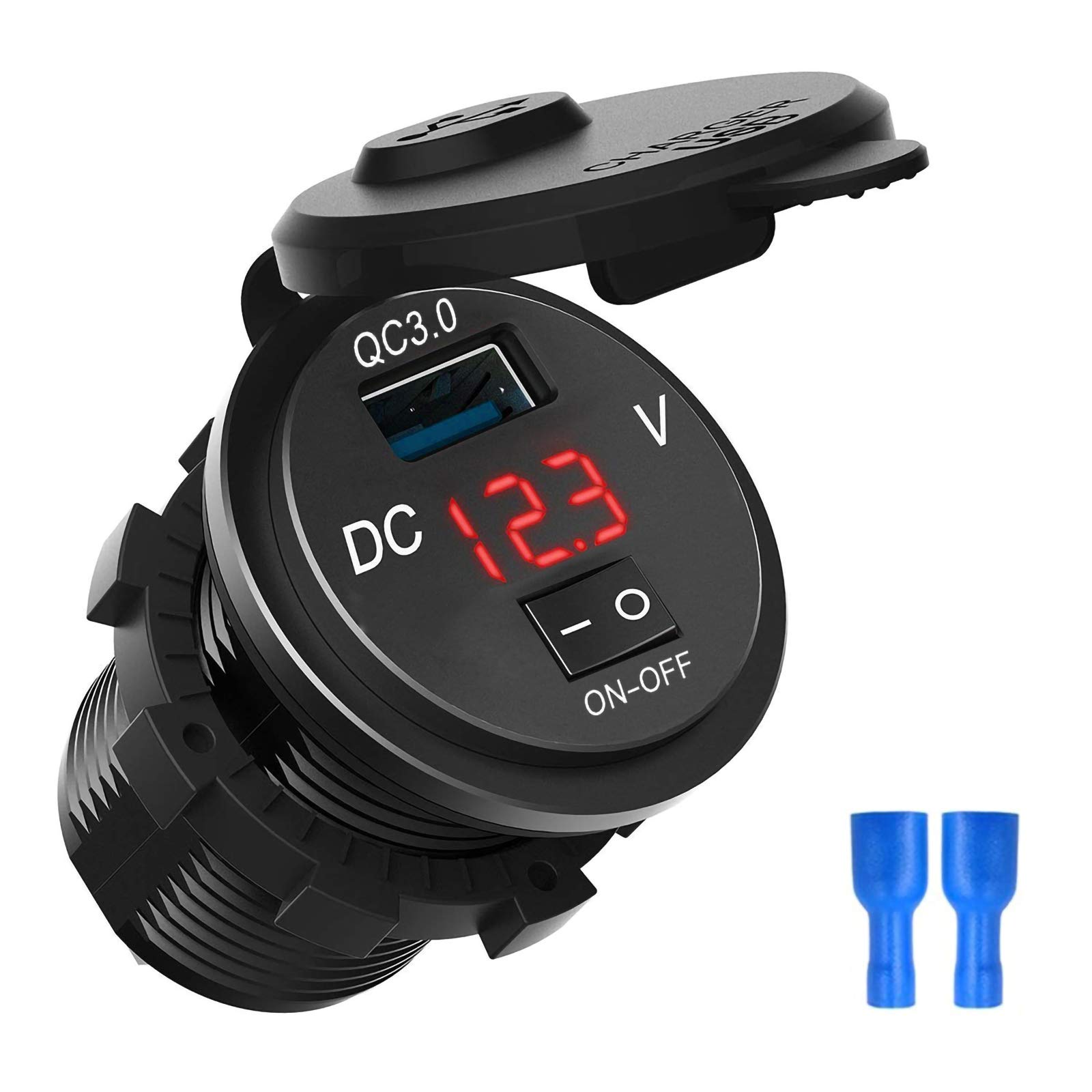 Leyeet Quick Charge 3.0 USB Car Charger with Digital Voltmeter & ON/Off Switch - Fast Charging Port for iPhone, Android, Tablet - Compatible with Cars, Trucks, Marine, ATV, Motorcycle (Red) - Perfect for Road Trips, Camping & Outdoor Adventures