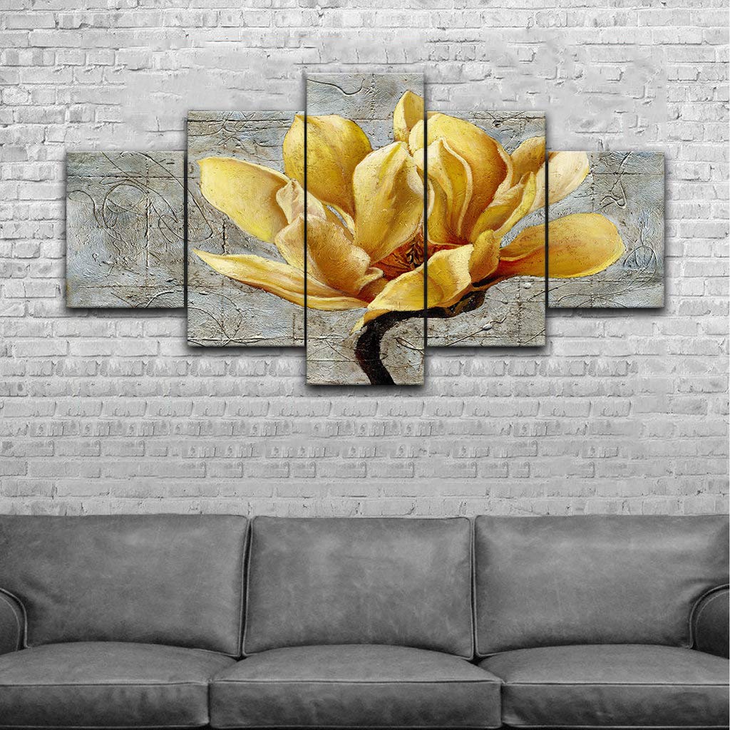 Modern 5-Panel Canvas Wall Art - Black White Yellow Grey Rose Flower on Grey Wooden Board - Stretched & Framed Ready to Hang - Perfect for Living Room, Bedroom, Bathroom & Office Decor