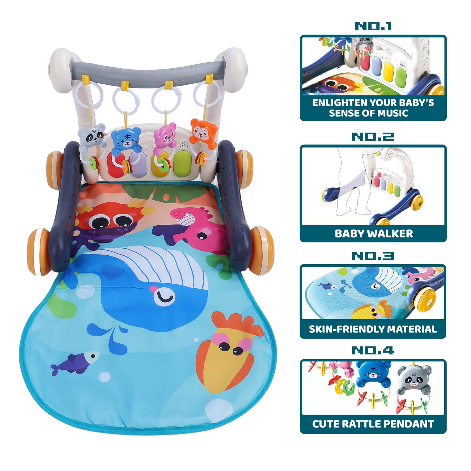 **Baby Push Walker with Adjustable Height - Multifunctional Piano Playmat & Activity Gym for Infants - Sensory Development Toy for Tummy Time, Crawling & Early Learning - Perfect for Nursery, Playroom & Daycare**