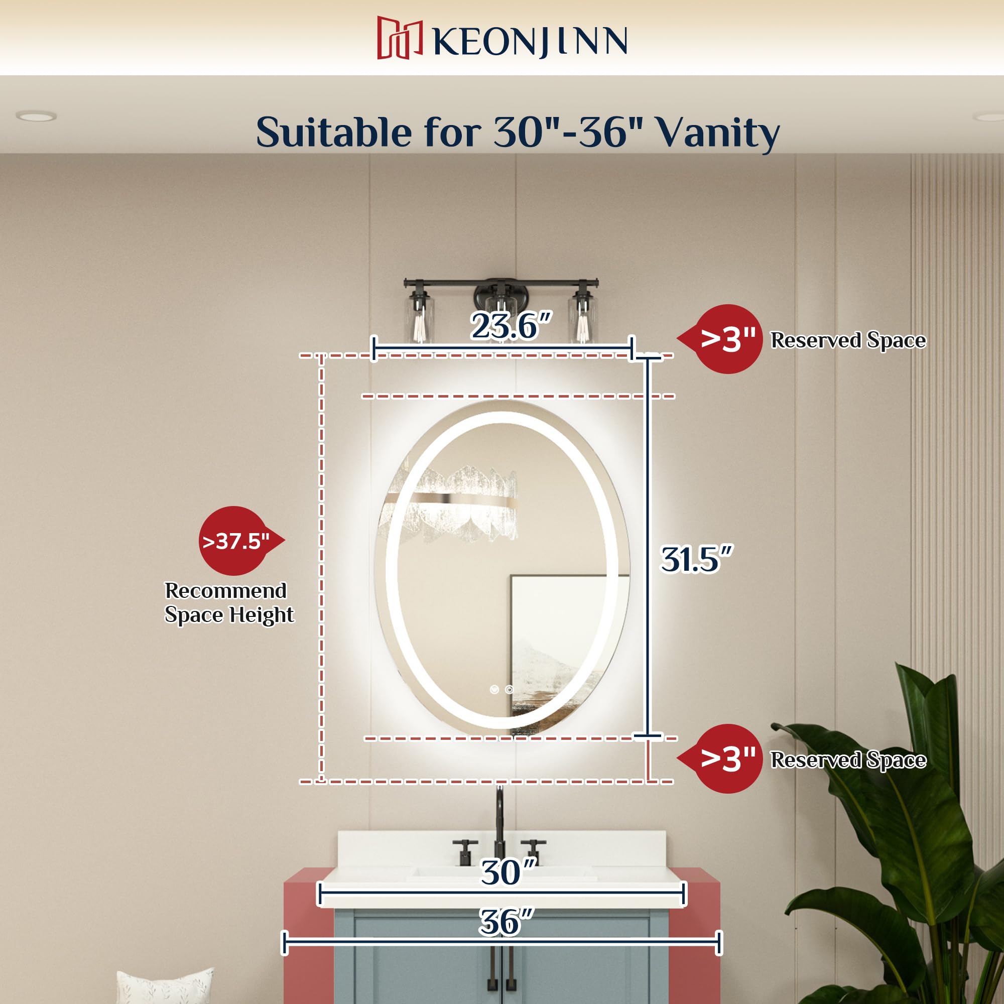 Keonjinn 24 x 32 Inch Oval LED Bathroom Mirror with Anti-Fog & Shatter-Proof Design, Frontlit Vanity Mirror with CRI 90+ Lighting - Perfect for Makeup, Shaving & Home Decor