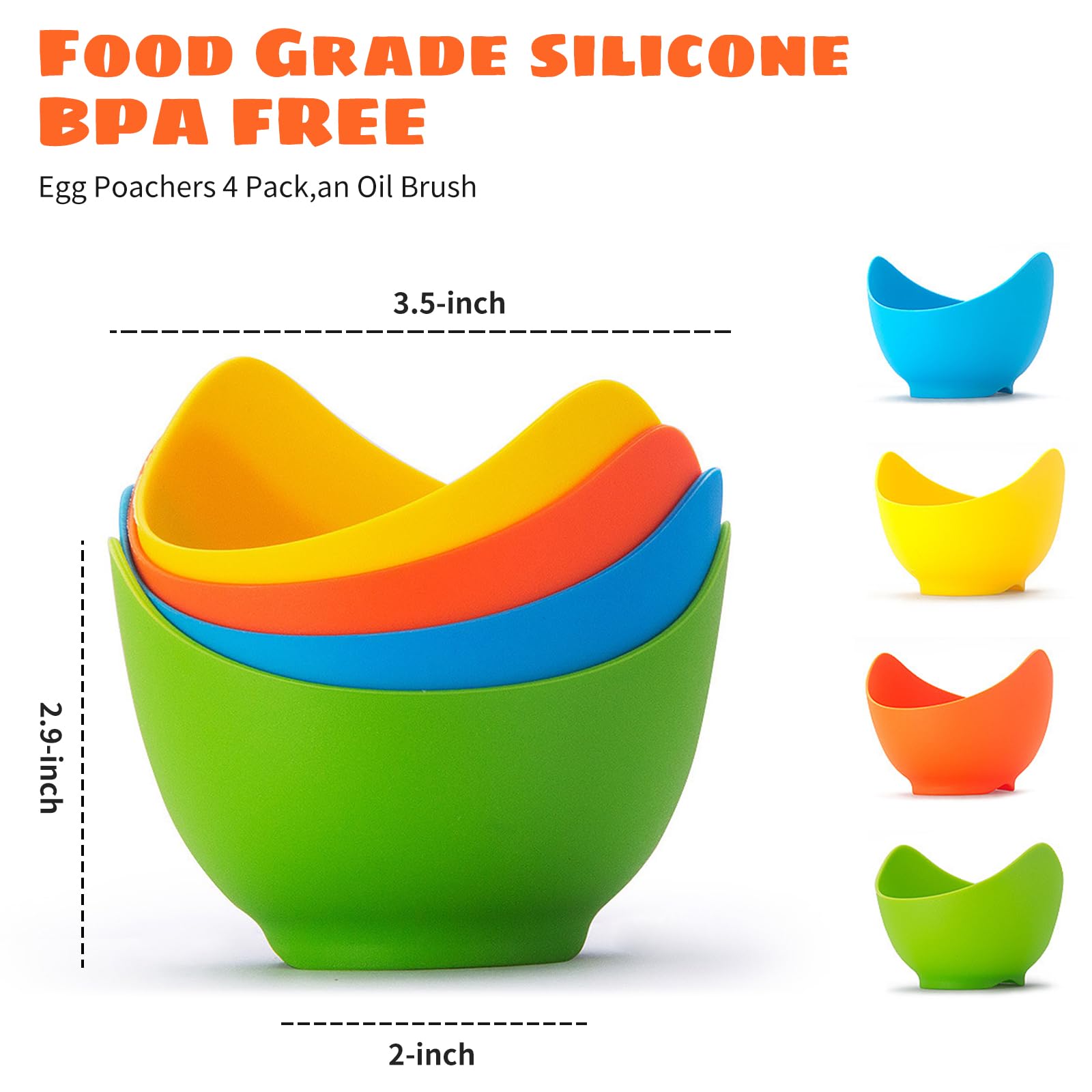Non-Stick Silicone Egg Poacher Set - 4 Pack BPA-Free Microwave & Stovetop Egg Cooker with Ring Stand & Silicone Brush - Perfect for Breakfast, Keto Diet & Meal Prep