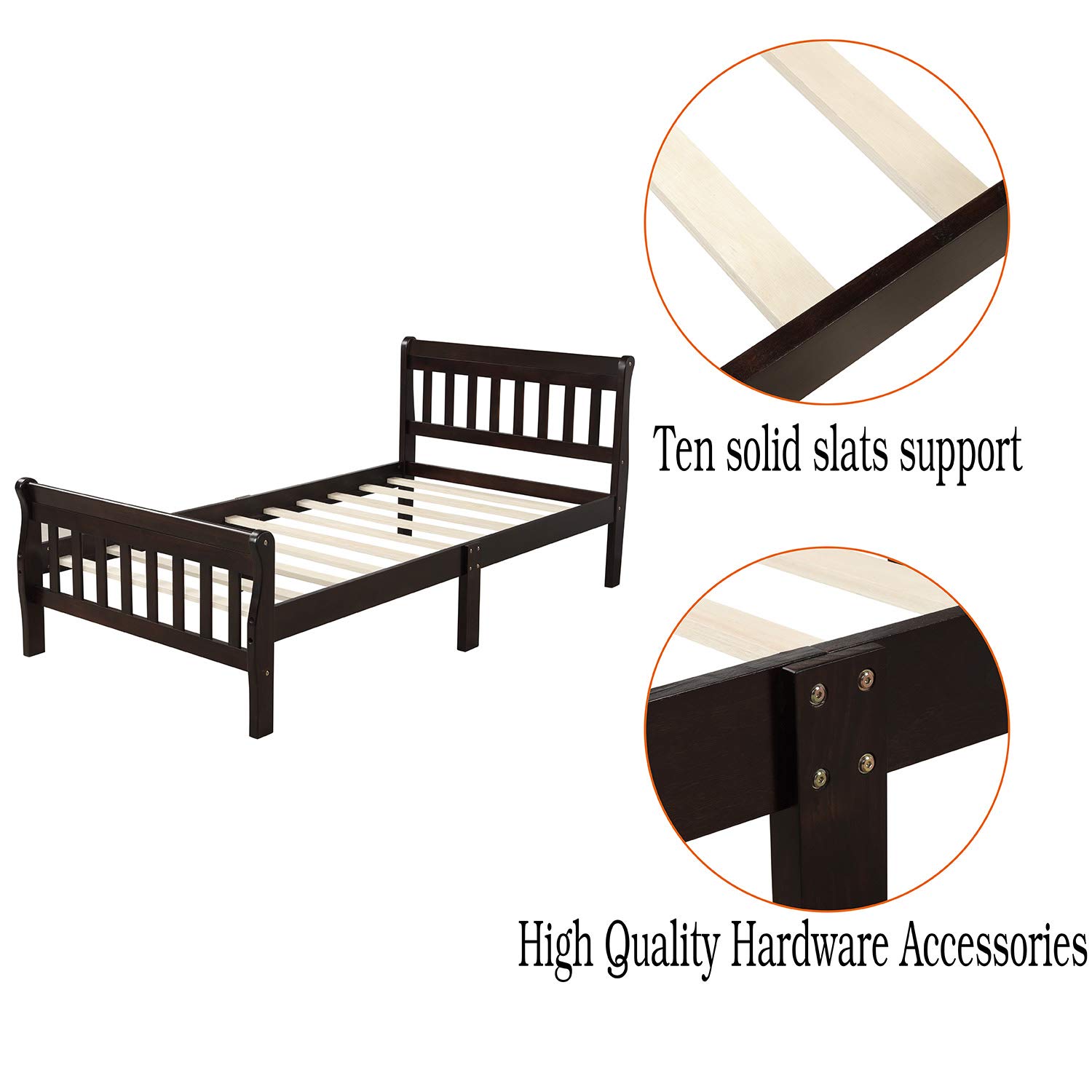 P PURLOVE Twin Size Wooden Platform Bed Frame with Headboard & Footboard - Sturdy Wood Slat Support, No Box Spring Needed, Espresso Finish - Perfect for Small Bedrooms, Guest Rooms & Dormitories