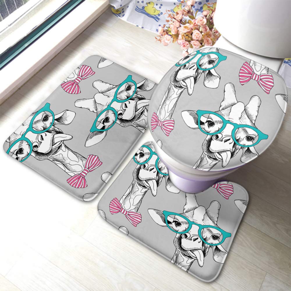 Swono Giraffe Bath Mat Set - 3 Piece Non-Slip Rubber Bathroom Rugs with Funny Giraffe Glasses & Bow Design for Hotel, Spa & Home - Soft Toilet Lid Cover & Floor Mats for Bathroom Safety & Decor