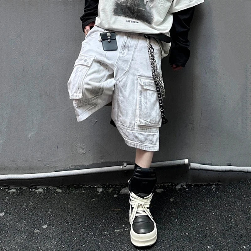 American Style Men's Distressed Denim Shorts with Big Pockets - Straight Wide Leg Casual Jeans for Men (Design 9C6702) | Perfect for Summer Outings, Beach Trips, and Casual Streetwear