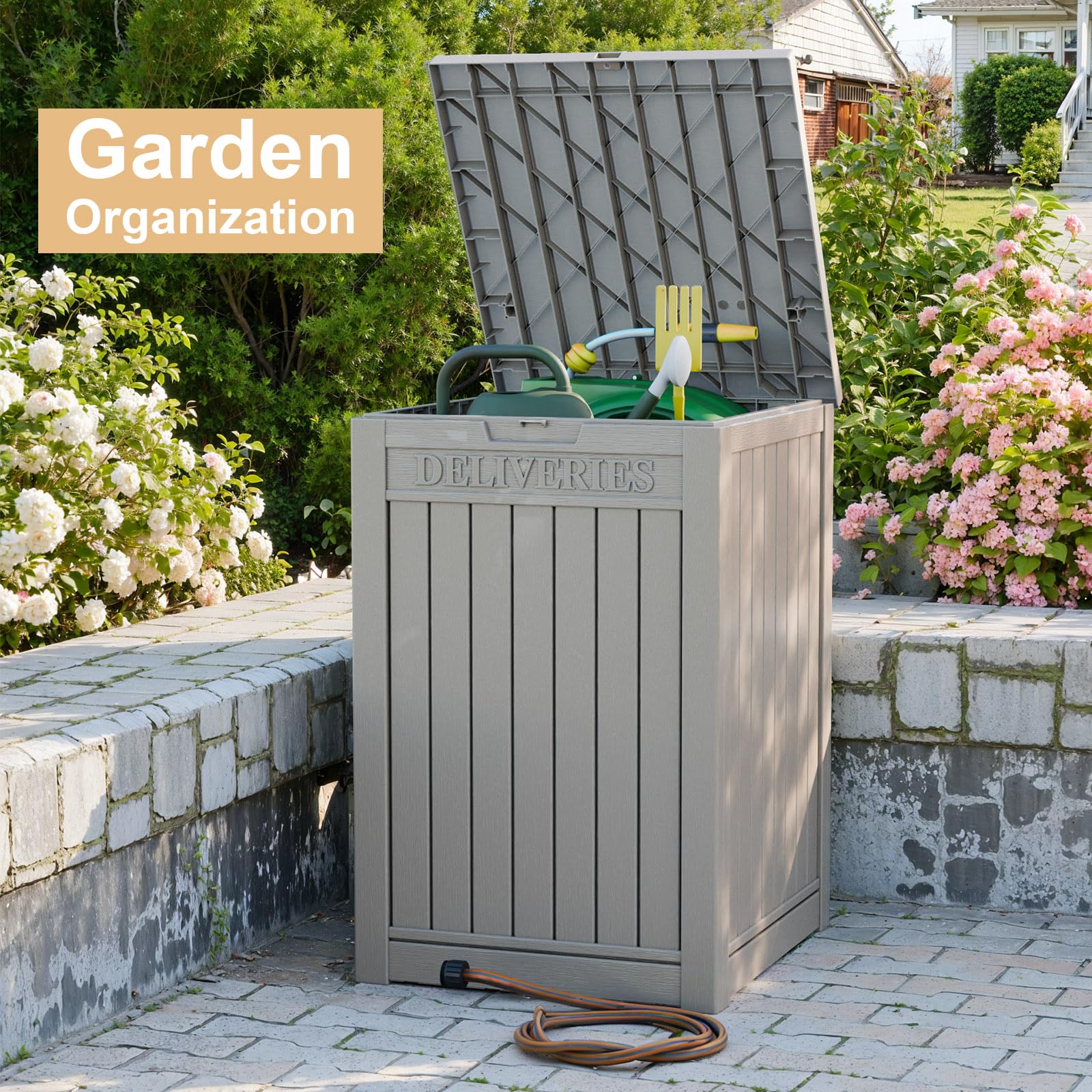 Lockable Outdoor Package Delivery Box - Large Waterproof Double-Wall Resin Storage Deck Box for Porch & Patio (Light Brown, Single Tier) | Secure Mail & Package Protection for Homes, Apartments & Outdoor Spaces