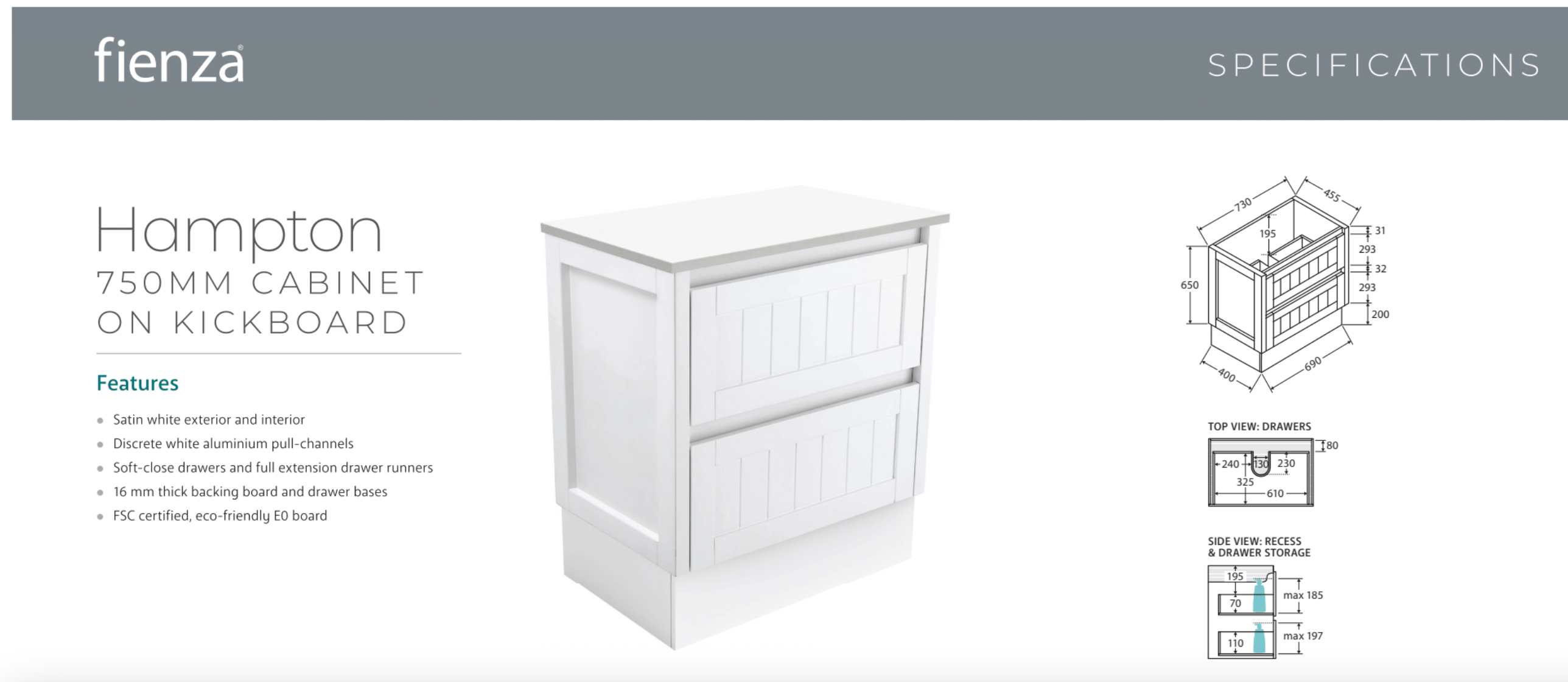 Fienza VAN75TK Vanessa Hampton 750 Vanity with Kickboard in Satin White - Perfect for Bedroom, Bathroom & Makeup Organization