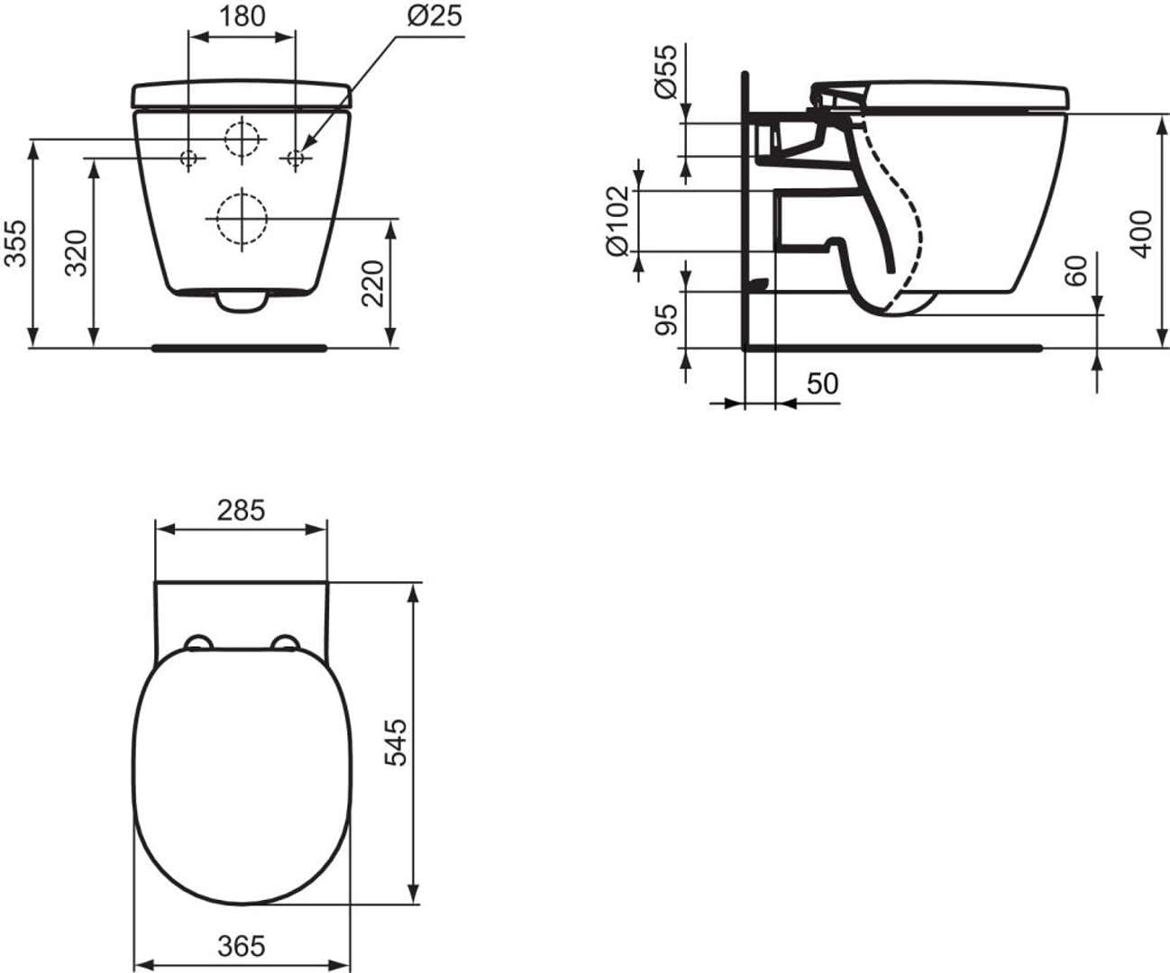 Ideal Standard Connect Wall-Hung Toilet AquaBlade E0479MA in White with Ideal Plus - Water-Efficient & Space-Saving Bathroom Solution for Modern Homes